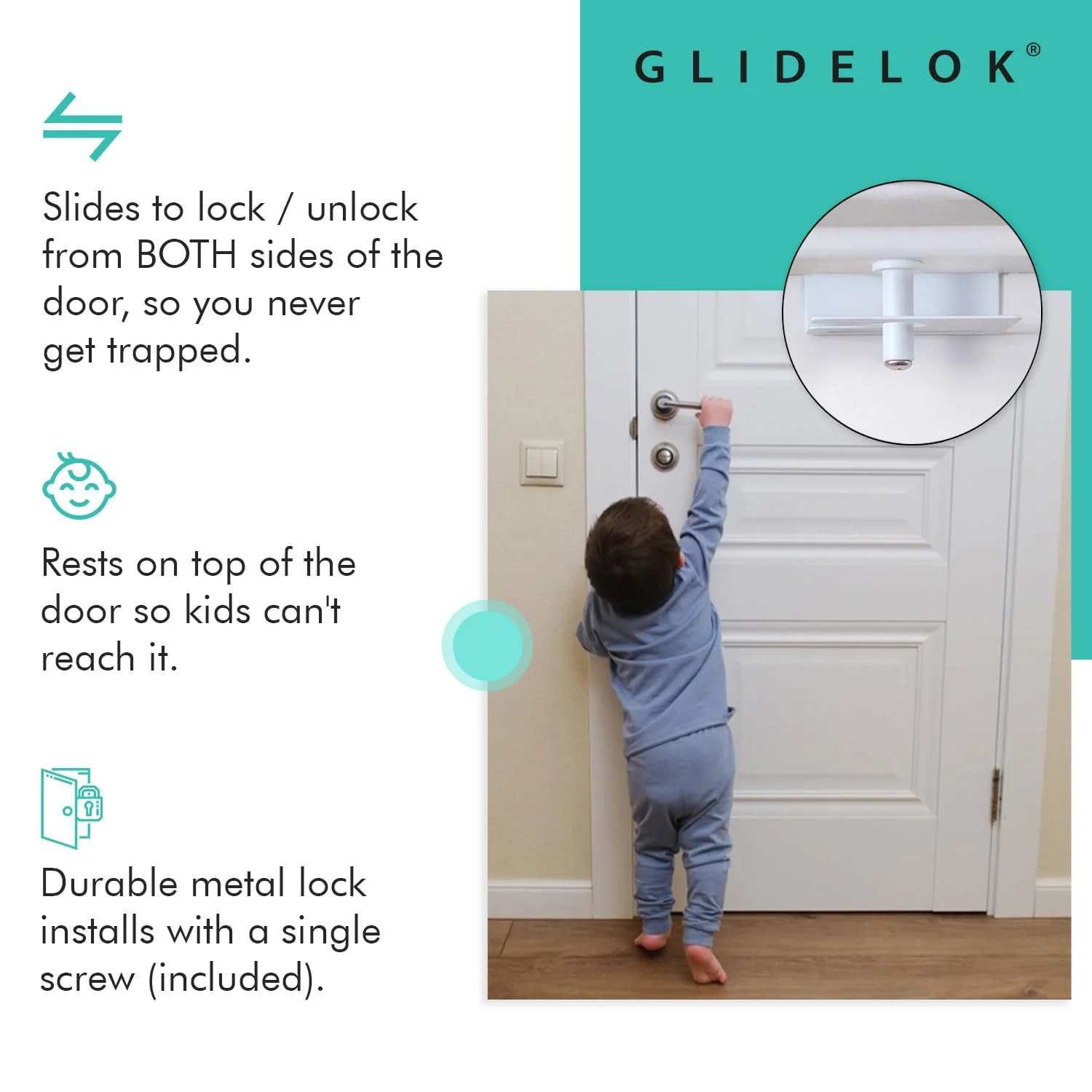 3 Pack – GlideLok Child Safety Door Top Lock | Adults Can Operate from Either Side | Works on Interior & Exterior Doors | for Elderly Caregivers, Toddler Parents - Image 4