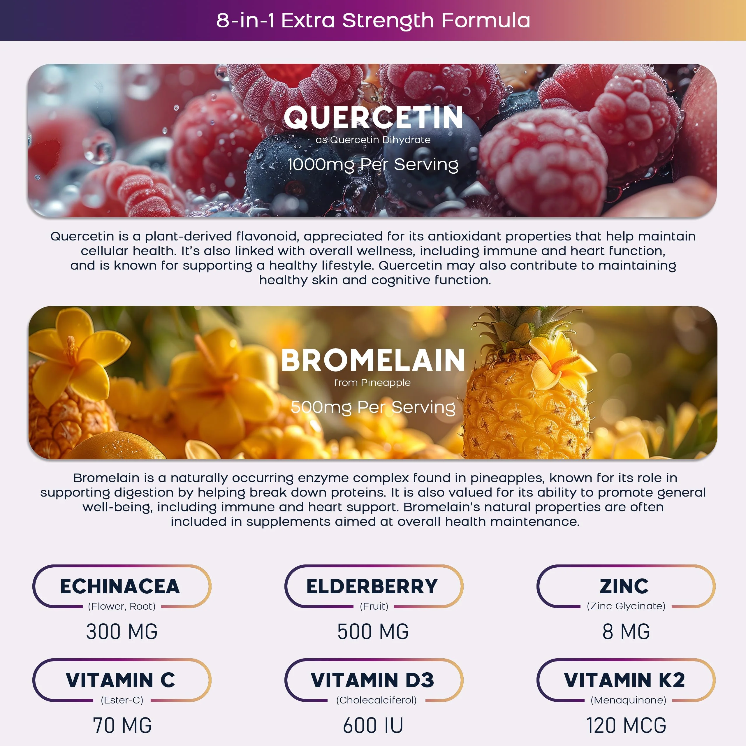 (3 Pack) Quercetin Gummies with Bromelain Zinc Elderberry Vitamin C D3 K2, Quercetin 1000mg Supplement with Bromelain 500mg for Cardiovascular, Immune System & Allergy, Vegan Gummy for Adult & Kid - Image 4
