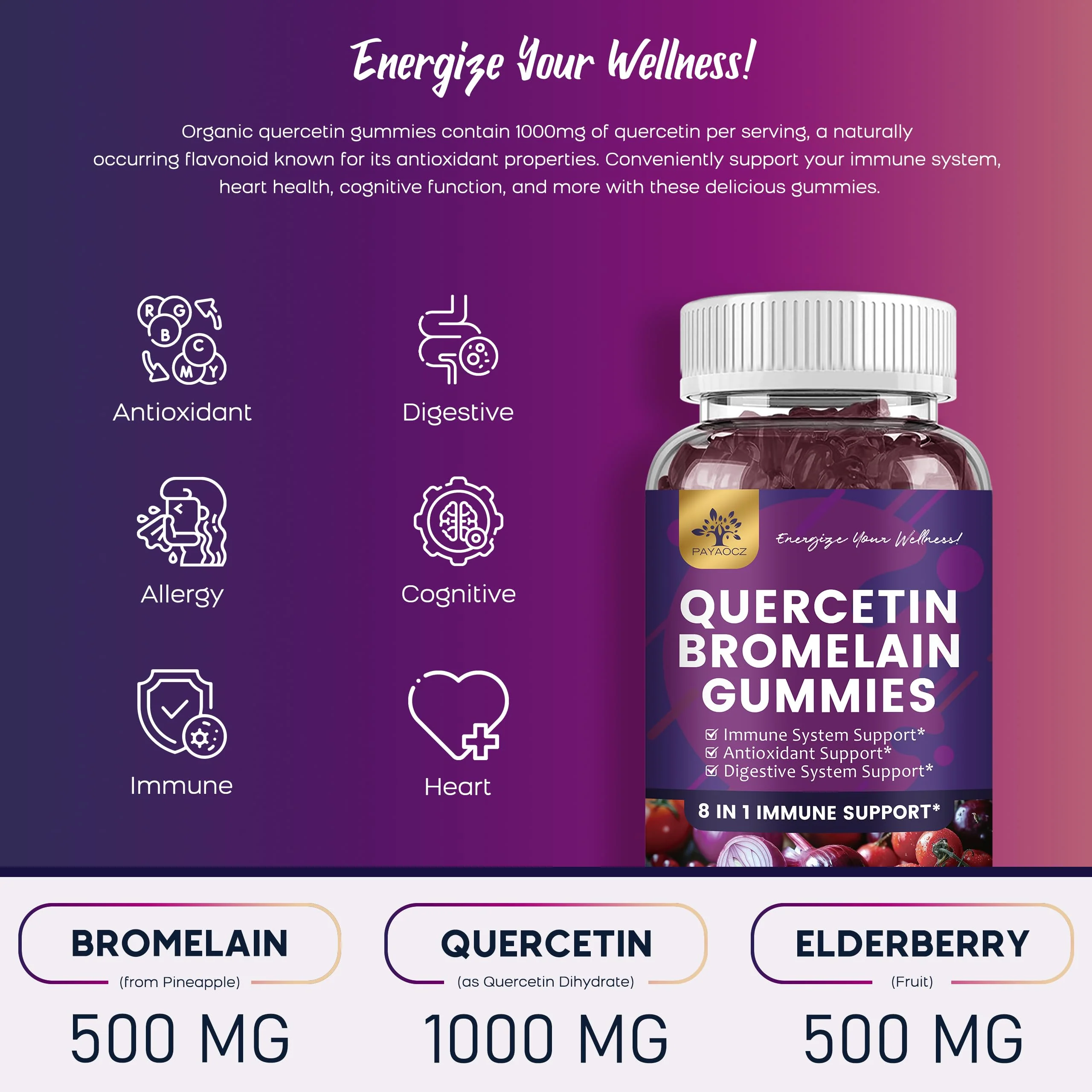 (3 Pack) Quercetin Gummies with Bromelain Zinc Elderberry Vitamin C D3 K2, Quercetin 1000mg Supplement with Bromelain 500mg for Cardiovascular, Immune System & Allergy, Vegan Gummy for Adult & Kid - Image 7