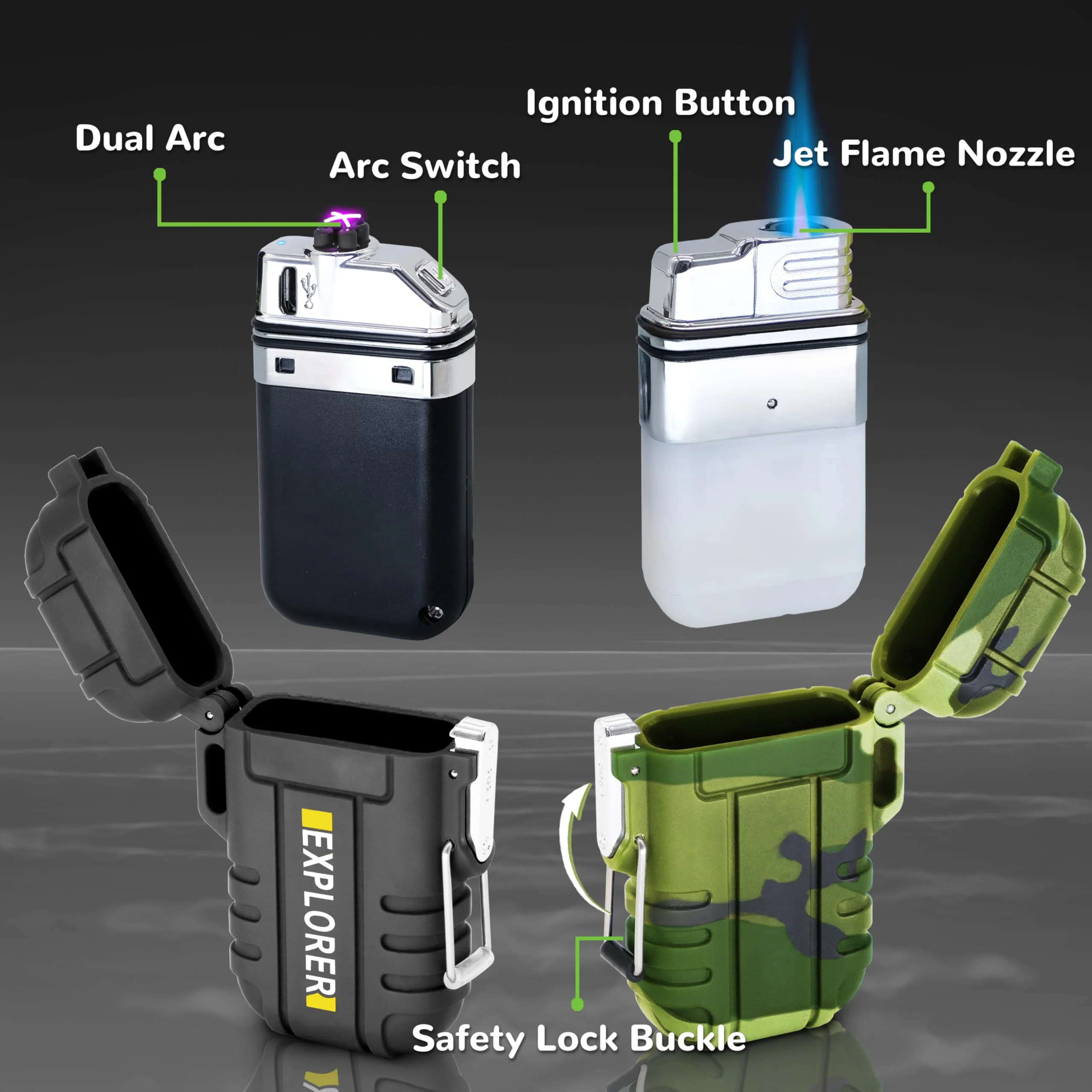 3 Pack Waterproof Lighter Outdoor Windproof Torch Lighters Dual Arc Lighters Butane Electric USB Rechargeable Flameless Plasma Lighter Camping Hiking Adventure Survival Tactical Gear - Image 4