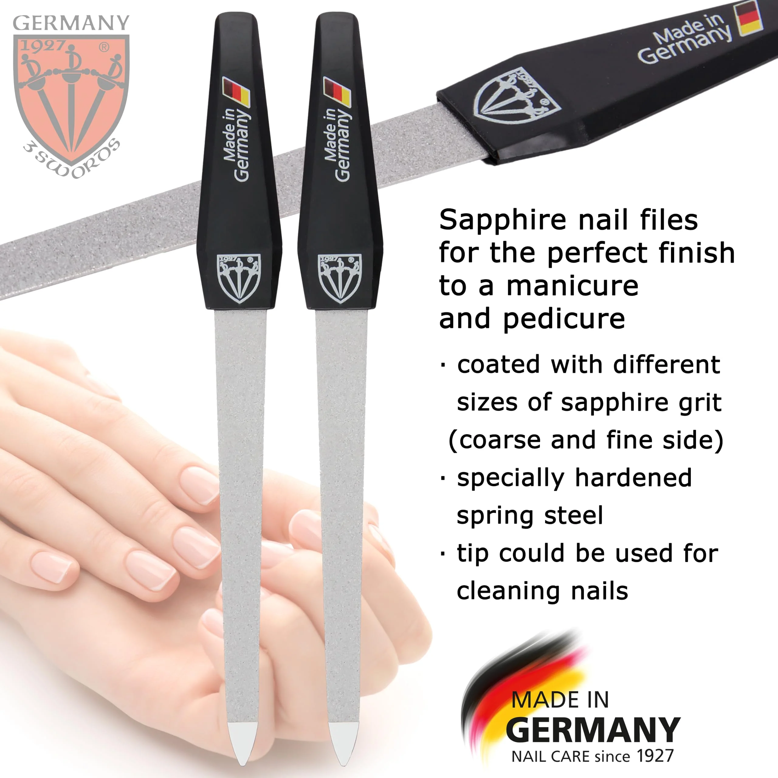 3 Swords Germany - Sapphire Metal Nail File Set 2 Pieces with 1 PIECE 3-Way Nail Buffer – Nail Care Made in SOLINGEN/Germany - Image 3
