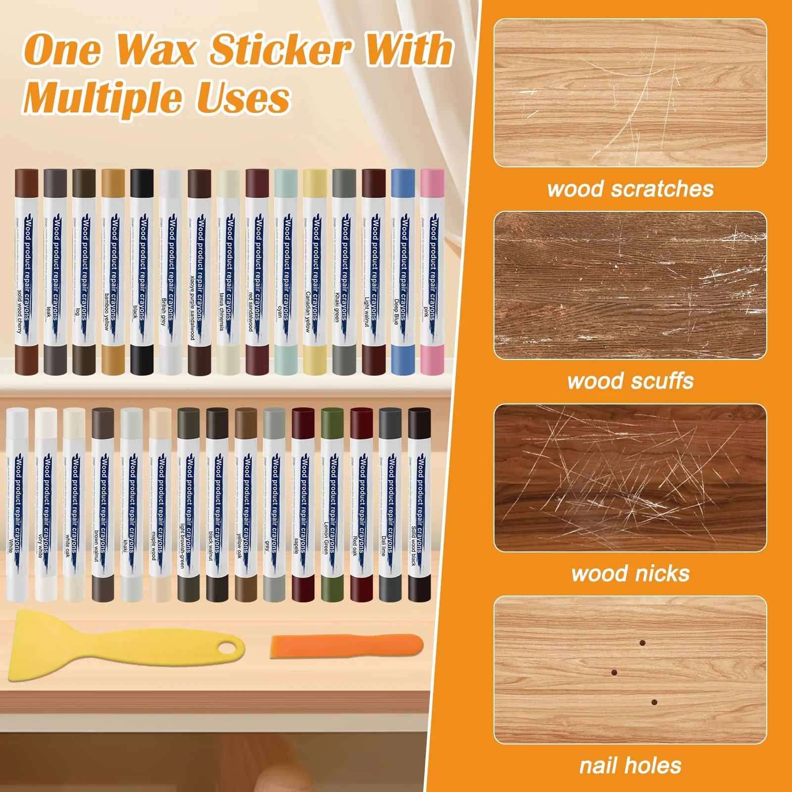 30+2P Wood Filler Sticks, Windspeed 30 Colos Wood Filler Putty Wax Crayons Furniture Repair Kit Putty Stick for Baseboard Cabinets Furniture Floors(with 2 Scrapers) - Image 5
