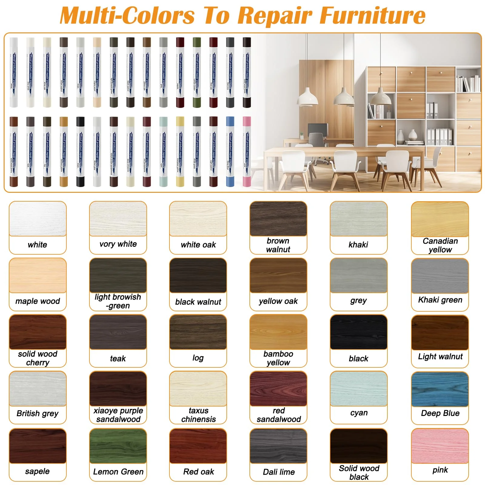 30+2P Wood Filler Sticks, Windspeed 30 Colos Wood Filler Putty Wax Crayons Furniture Repair Kit Putty Stick for Baseboard Cabinets Furniture Floors(with 2 Scrapers) - Image 6