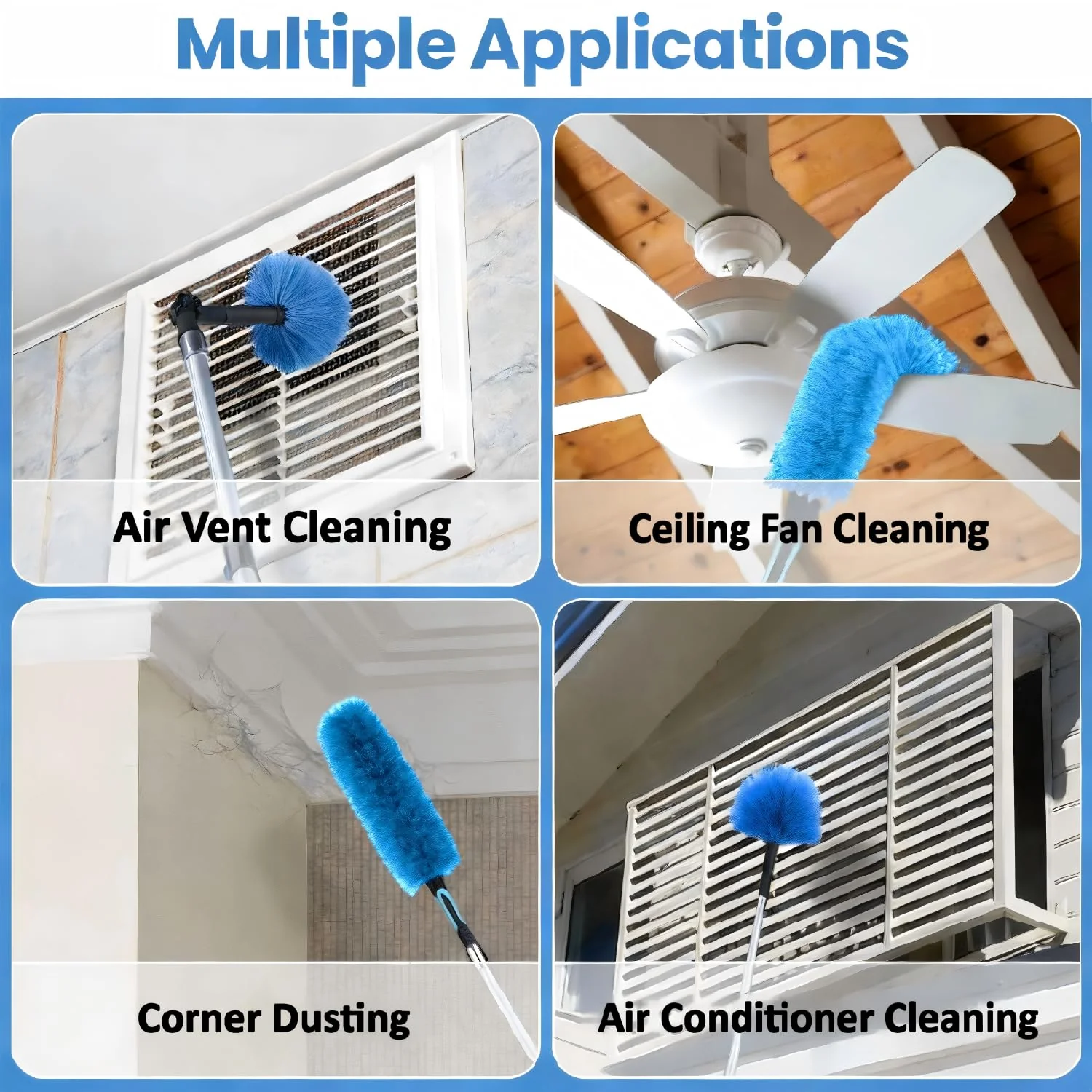 30ft High Ceiling Duster Kits with 5-24ft Heavy Duty Extension Pole - Fan Blade Cleaner, Cobweb Remover & Blue Window Squeegee Kit, Washable Dust Brush for High Roof and Glass Surfaces - Image 4