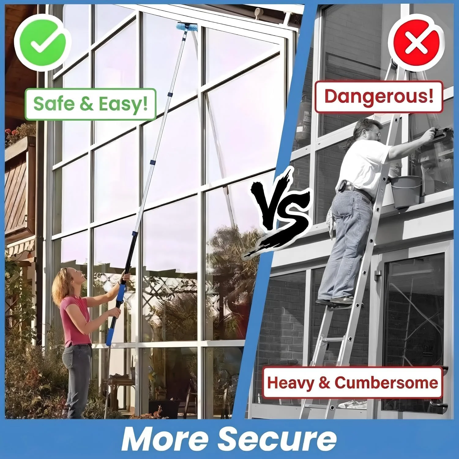 30ft High Ceiling Duster Kits with 5-24ft Heavy Duty Extension Pole - Fan Blade Cleaner, Cobweb Remover & Blue Window Squeegee Kit, Washable Dust Brush for High Roof and Glass Surfaces - Image 5
