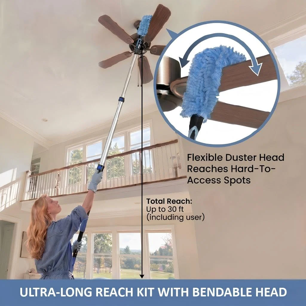 30ft High Ceiling Duster Kits with 5-24ft Heavy Duty Extension Pole - Fan Blade Cleaner, Cobweb Remover & Blue Window Squeegee Kit, Washable Dust Brush for High Roof and Glass Surfaces - Image 6