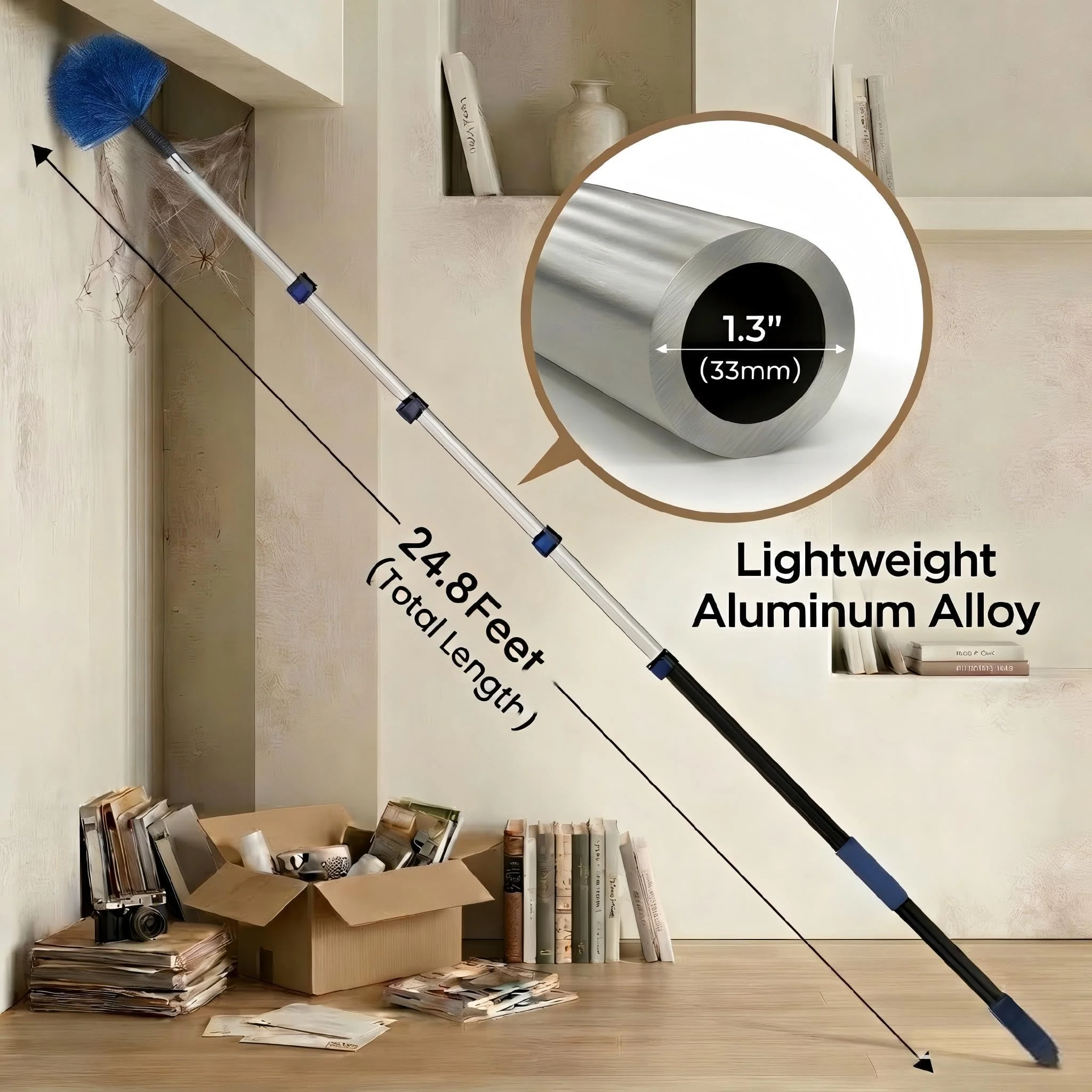 30ft High Ceiling Duster Kits with 5-24ft Heavy Duty Extension Pole - Fan Blade Cleaner, Cobweb Remover & Blue Window Squeegee Kit, Washable Dust Brush for High Roof and Glass Surfaces - Image 7