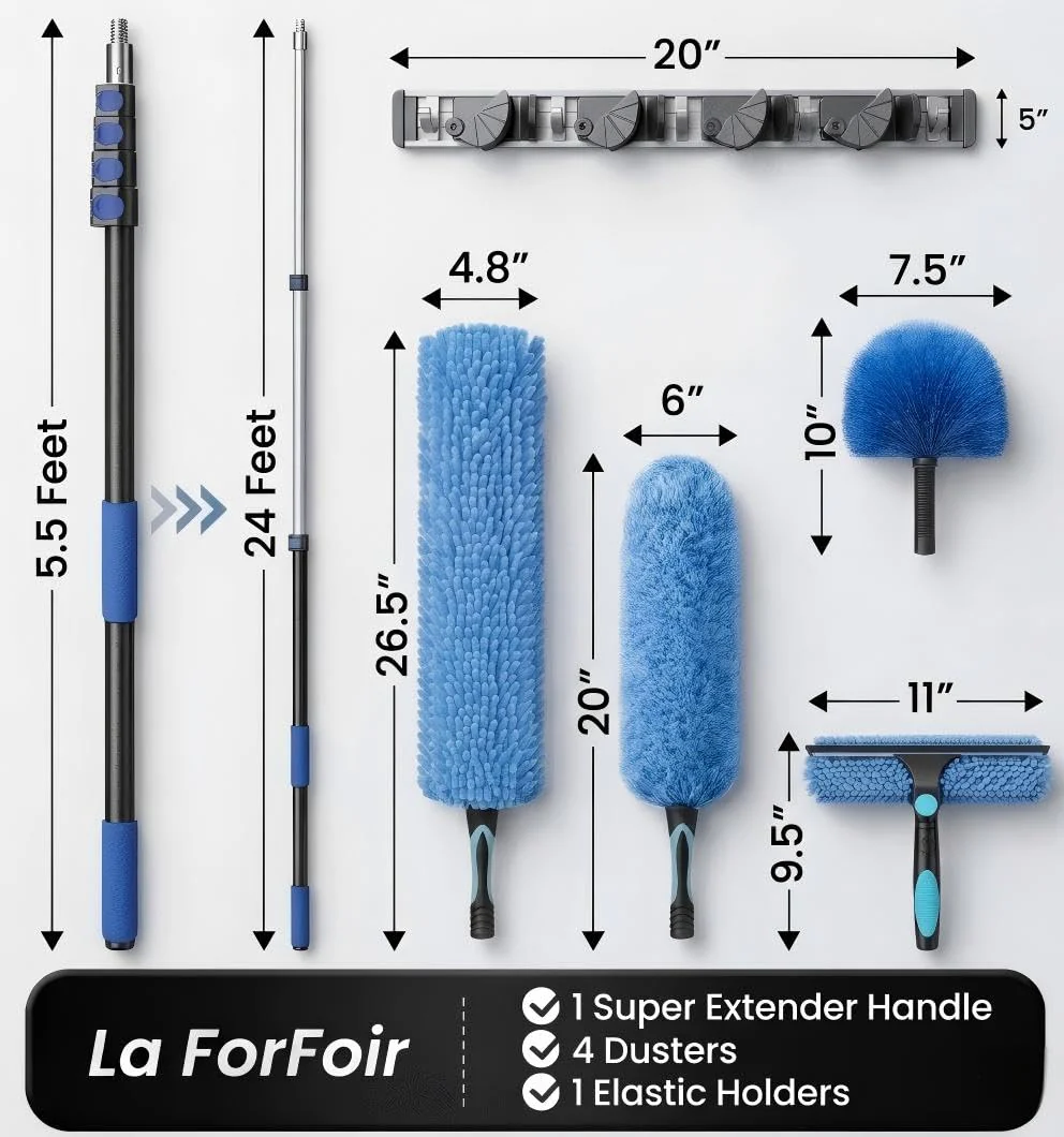 30ft High Ceiling Duster Kits with 5-24ft Heavy Duty Extension Pole - Fan Blade Cleaner, Cobweb Remover & Blue Window Squeegee Kit, Washable Dust Brush for High Roof and Glass Surfaces - Image 8