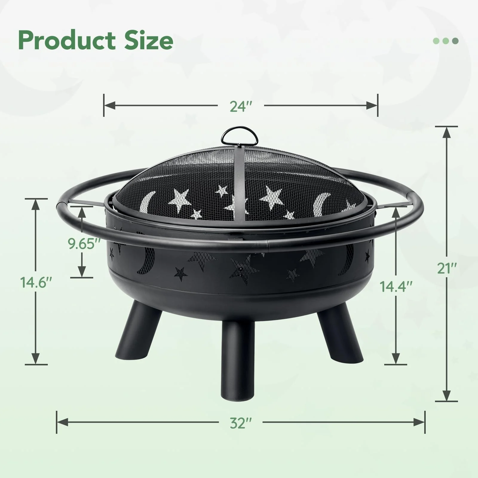 32 Inch Round Fire Pit with Mesh Cover, Fire Poker, Star and Moon Design, Metal Wood Burning Outdoor Firepit for Patio, Backyard, Garden, Bonfire Party,Perfect for Christmas, Thanksgiving, Halloween - Image 2
