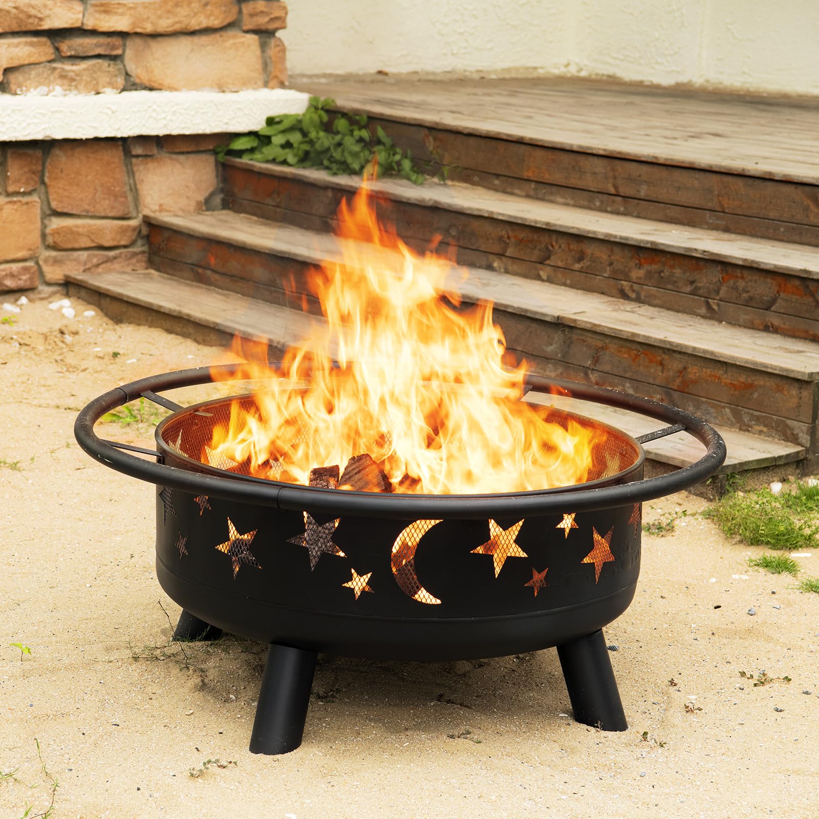 32 Inch Round Fire Pit with Mesh Cover, Fire Poker, Star and Moon Design, Metal Wood Burning Outdoor Firepit for Patio, Backyard, Garden, Bonfire Party,Perfect for Christmas, Thanksgiving, Halloween - Image 5