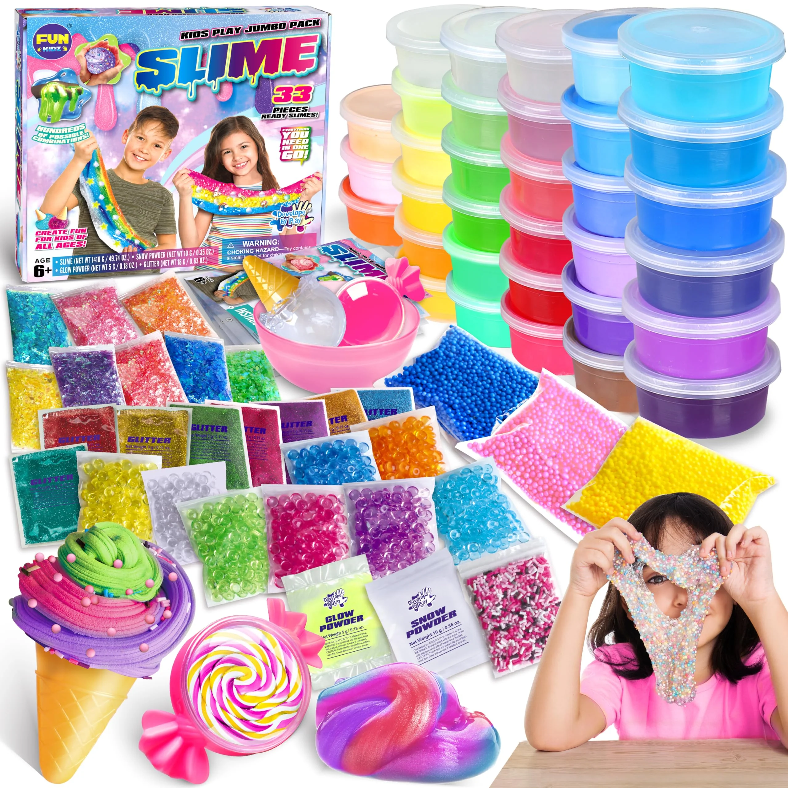 33 Cups Jumbo Slime Kit for Kids, FunKidz Premade Ultimate Slime Pack to DIY Soft, Cloud, Clear, Butter, Glitter, Glow in Dark Slime Making Kit Party Favors Gift Toys for Girls and Boys - Image 2
