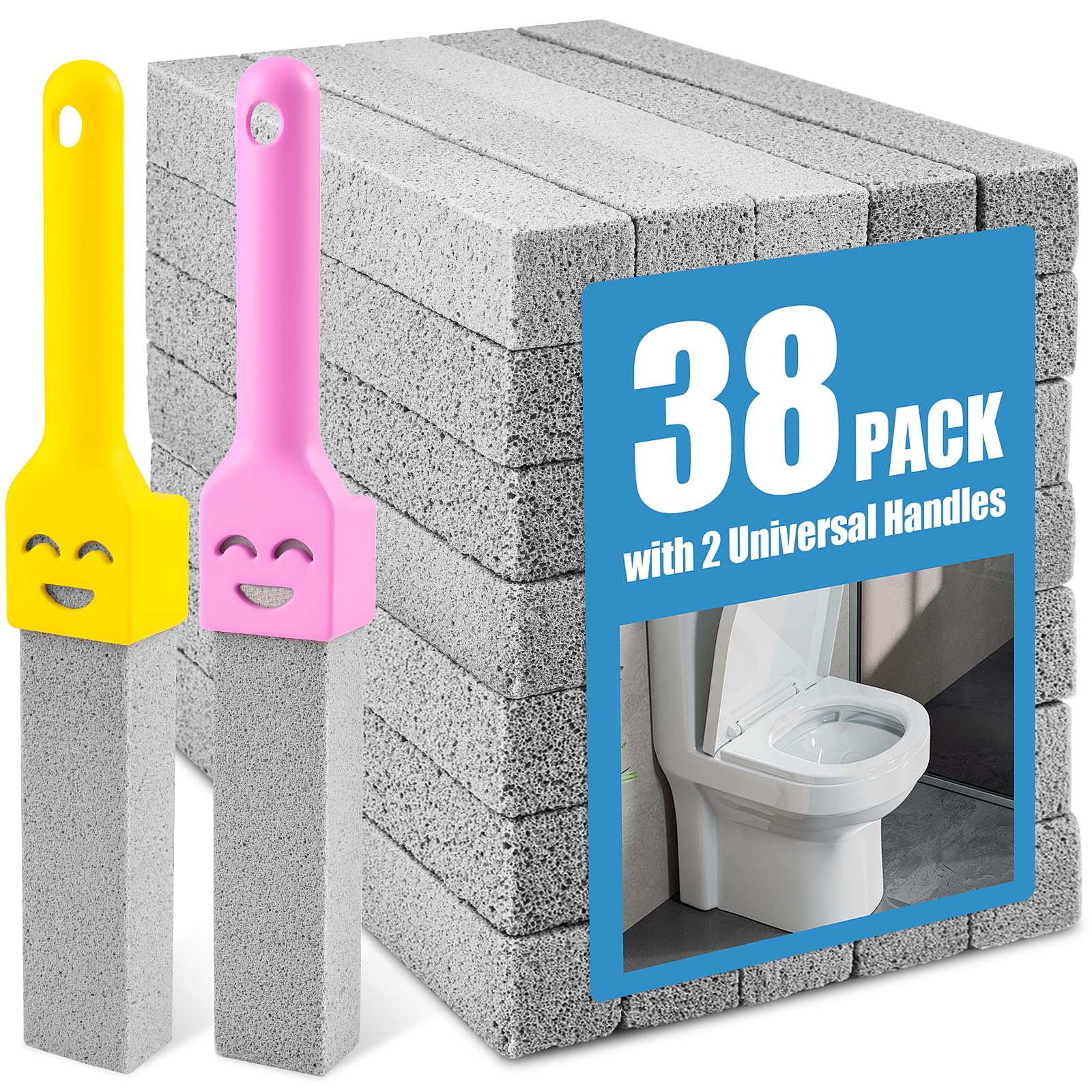 38 Pack Pumice Stone with 2 Handles, Toilet Bowl Cleaner Ring Remover, Pumice Stone for Toilet Cleaning, Bathtub, Grill, Pool, Sinks, Stove Grates - Reusable Scouring Stones Cleaner