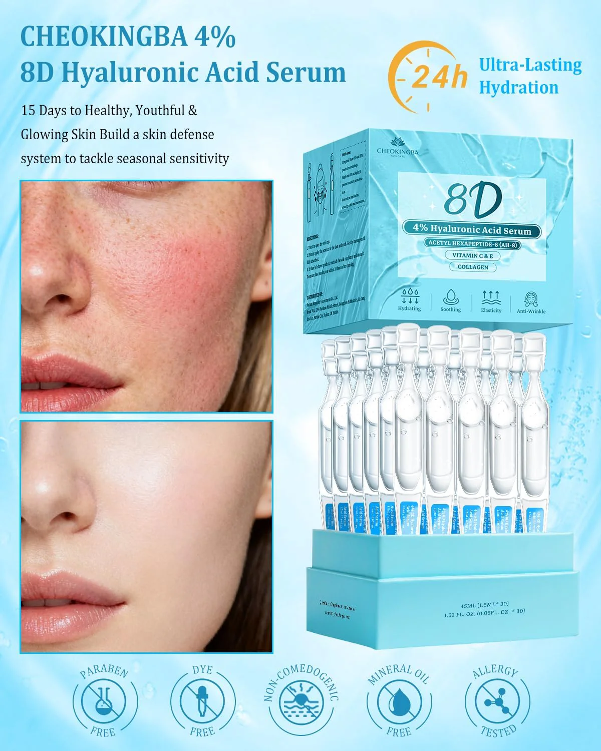 4% Hyaluronic Acid Serum for Face, 8D Hyaluronic Acid Ultra Hydrating Anti-Aging Serum with 20,000ppm Acetyl Hexapeptide-8, Korean Skincare Single-Use Ampoule for Dry & Sensitive Skin, 30pcs - Image 6