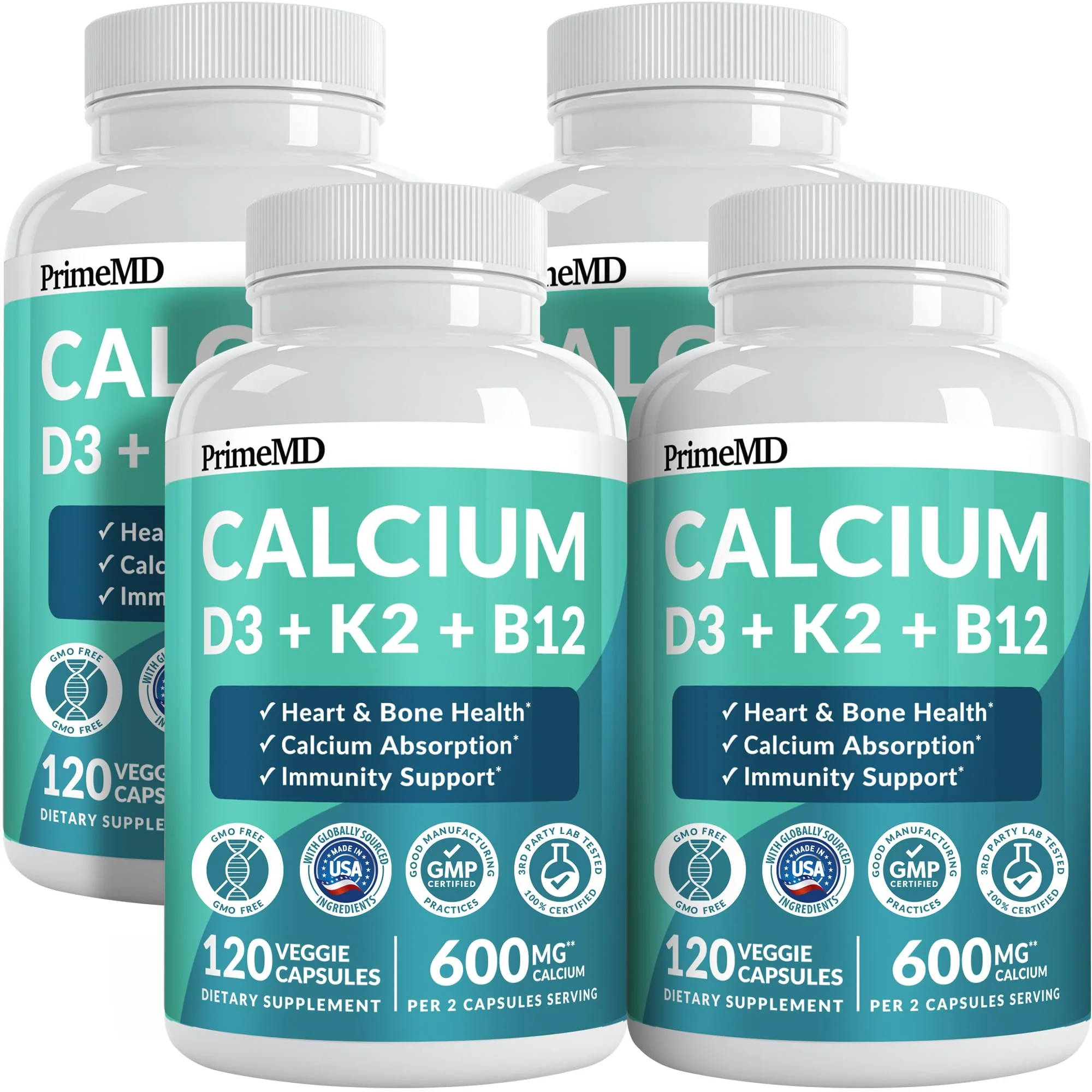 4-in-1 Calcium Supplements for Women & Men - Calcium Citrate with D3 K2 Vitamin 5000 IU - Calcium 600mg with Vitamin D3 K2 - Everyday Vitality Supplement - Vegan-Friendly, Gluten-Free (480 Capsules)