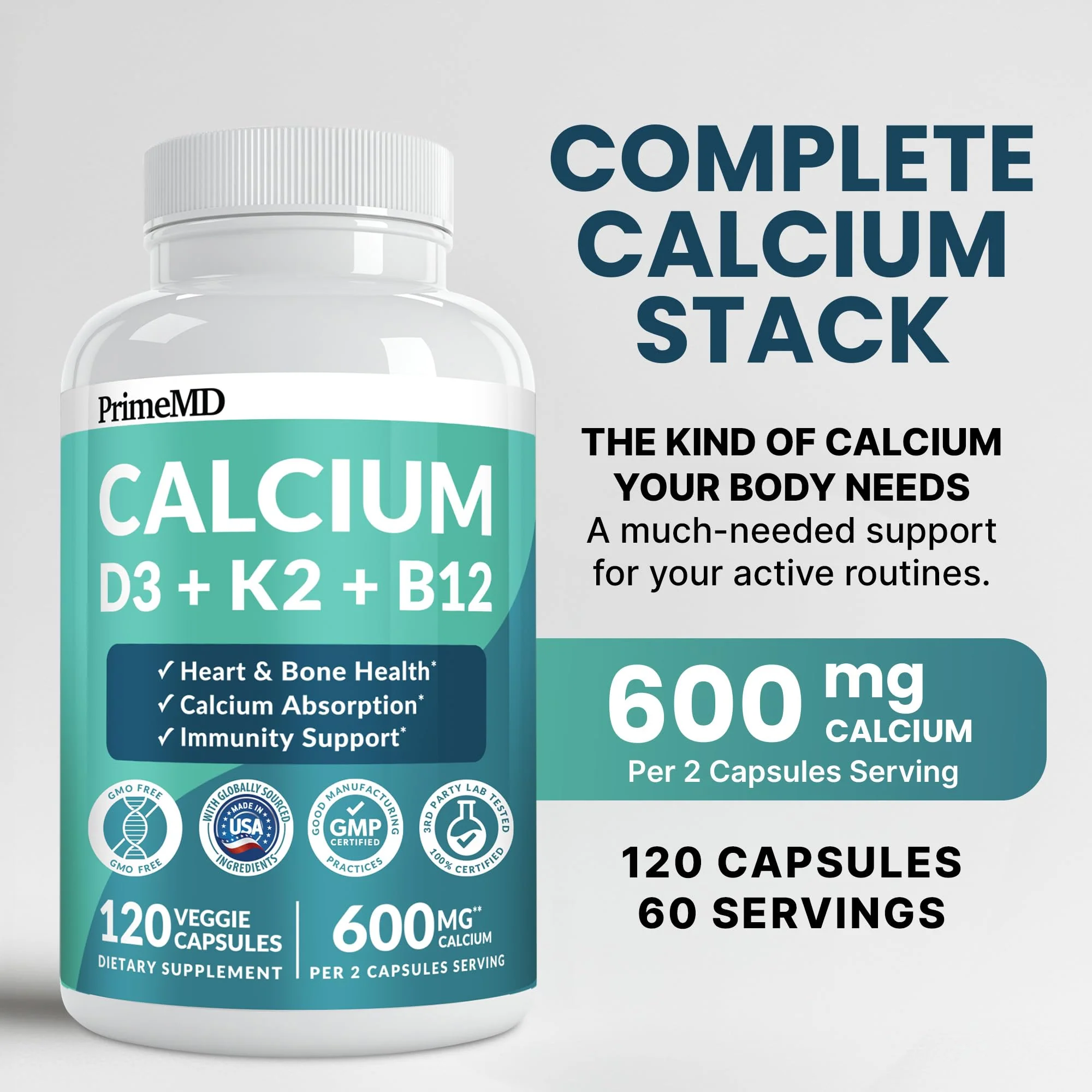 4-in-1 Calcium Supplements for Women & Men - Calcium Citrate with D3 K2 Vitamin 5000 IU - Calcium 600mg with Vitamin D3 K2 - Everyday Vitality Supplement - Vegan-Friendly, Gluten-Free (480 Capsules) - Image 2