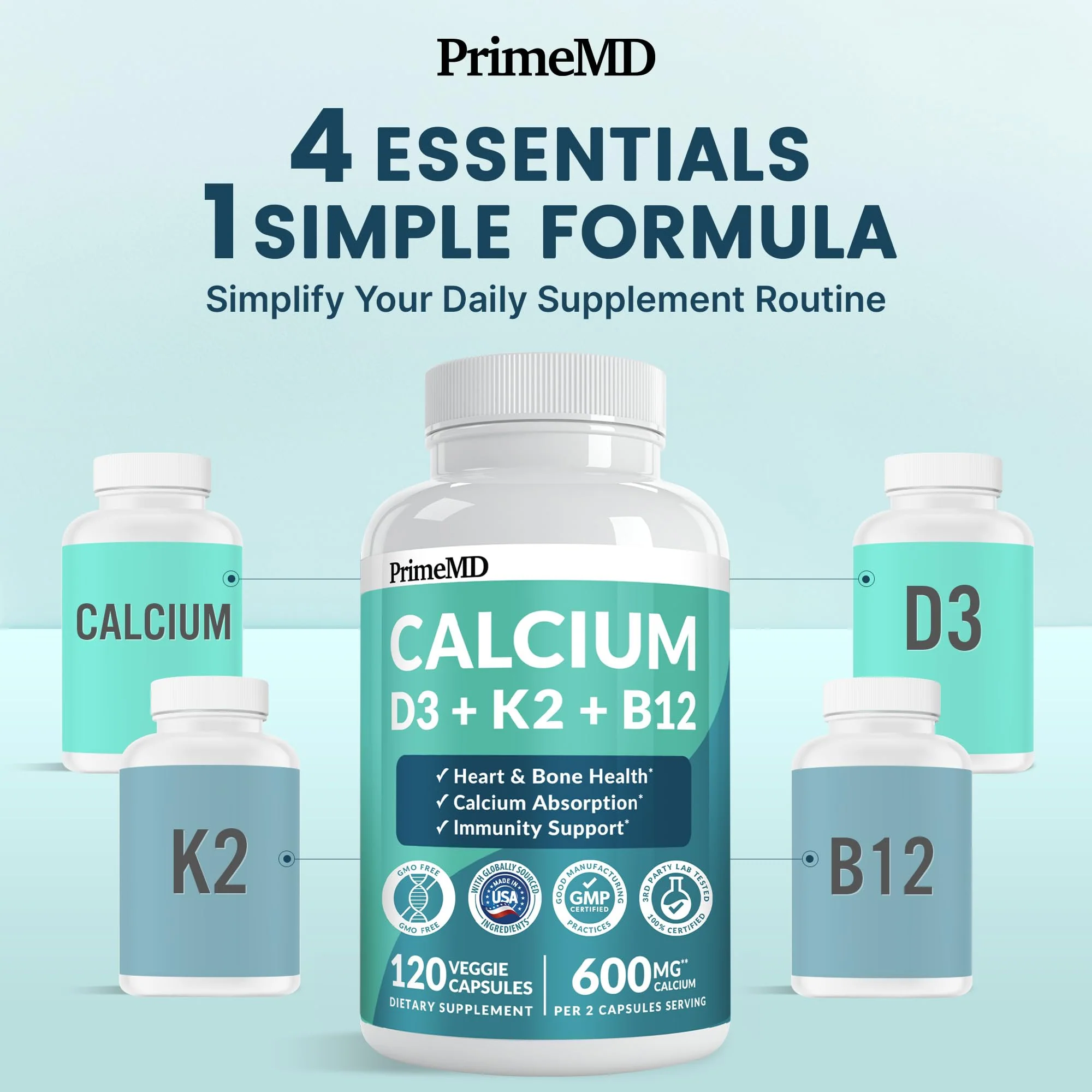 4-in-1 Calcium Supplements for Women & Men - Calcium Citrate with D3 K2 Vitamin 5000 IU - Calcium 600mg with Vitamin D3 K2 - Everyday Vitality Supplement - Vegan-Friendly, Gluten-Free (480 Capsules) - Image 3