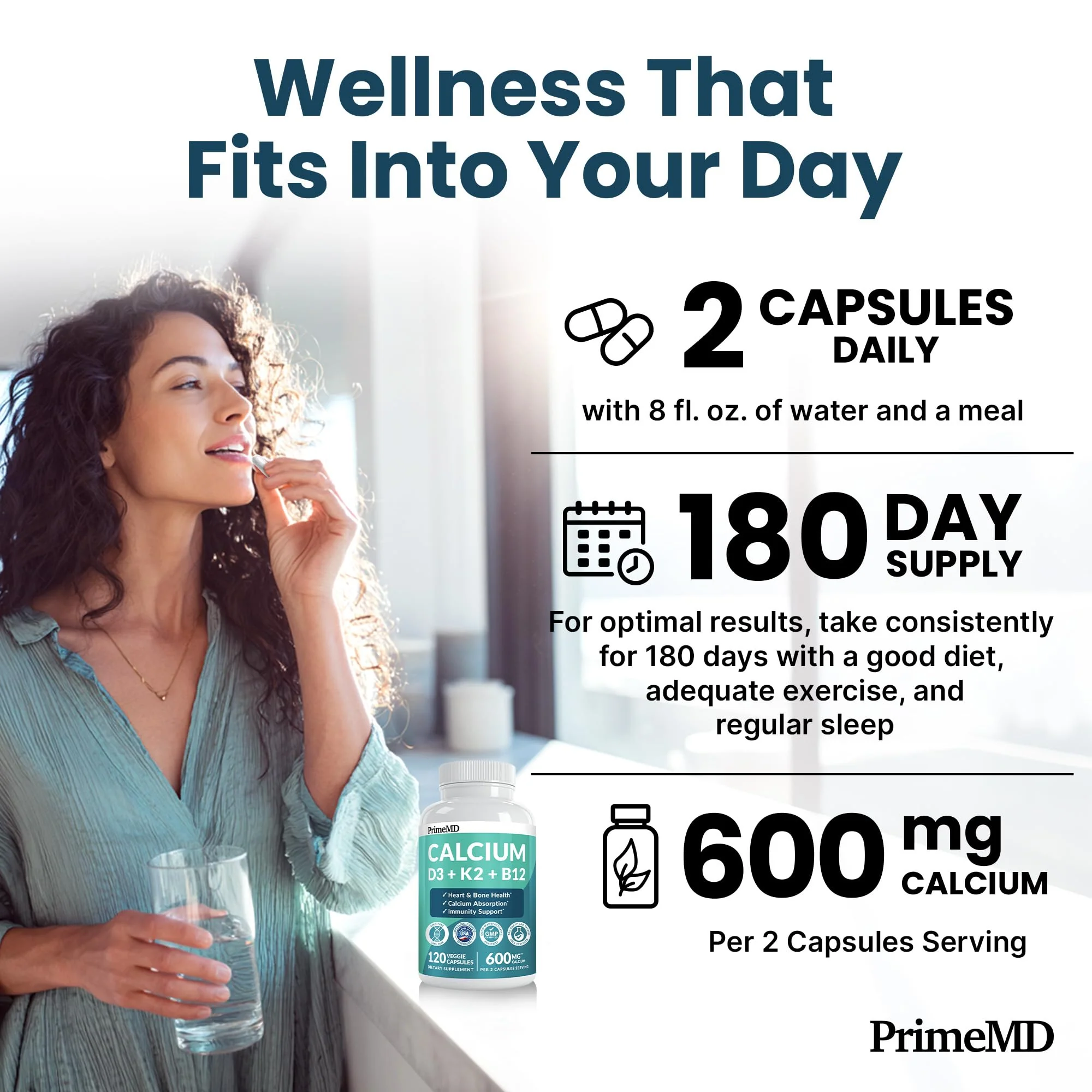 4-in-1 Calcium Supplements for Women & Men - Calcium Citrate with D3 K2 Vitamin 5000 IU - Calcium 600mg with Vitamin D3 K2 - Everyday Vitality Supplement - Vegan-Friendly, Gluten-Free (480 Capsules) - Image 6