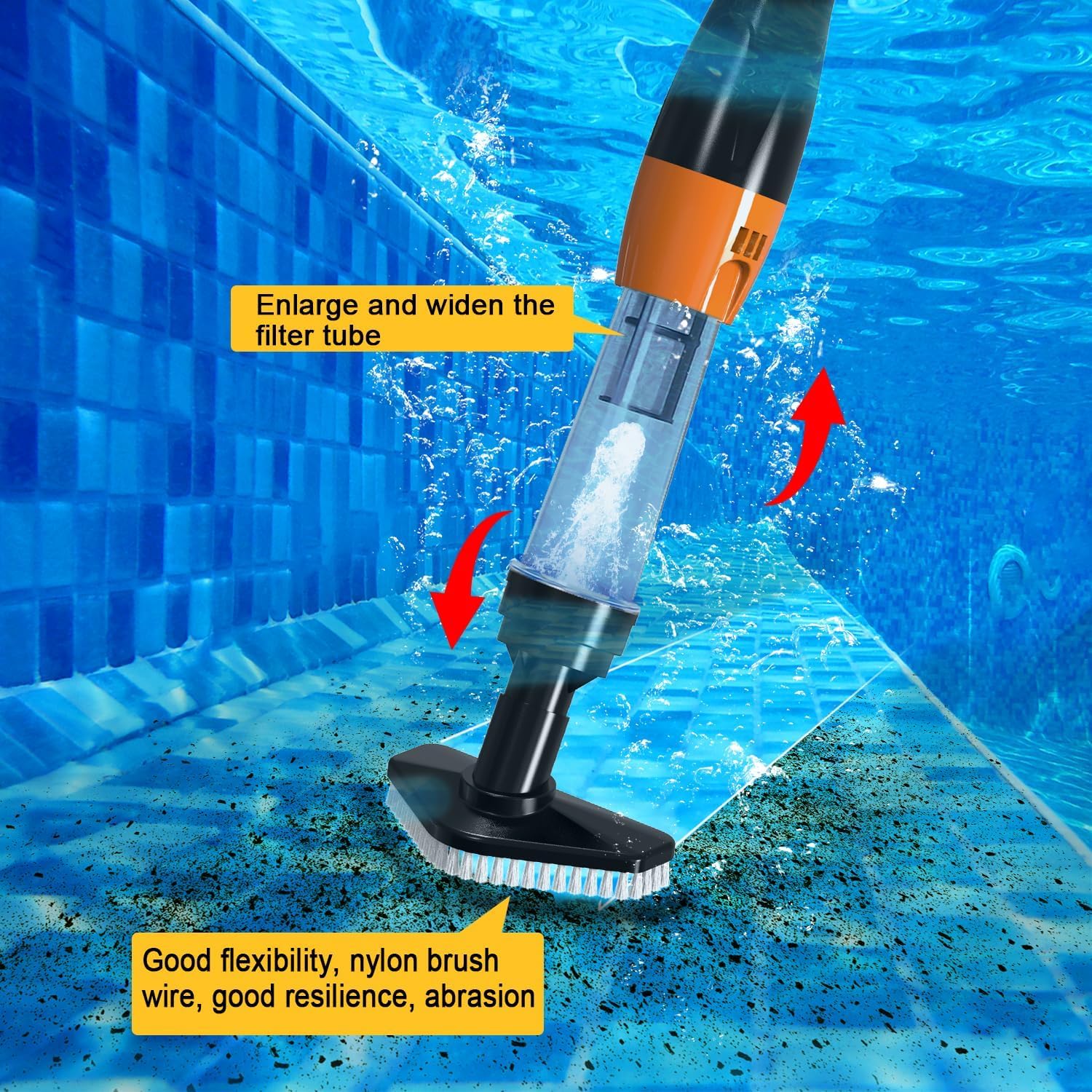 4 in 1 Cordless Rechargeable Small Pool Vacuum spa hot tub 90 Mins Running Time, 12 Gallons/Min Powerful Suction (Black Orange) - Image 3