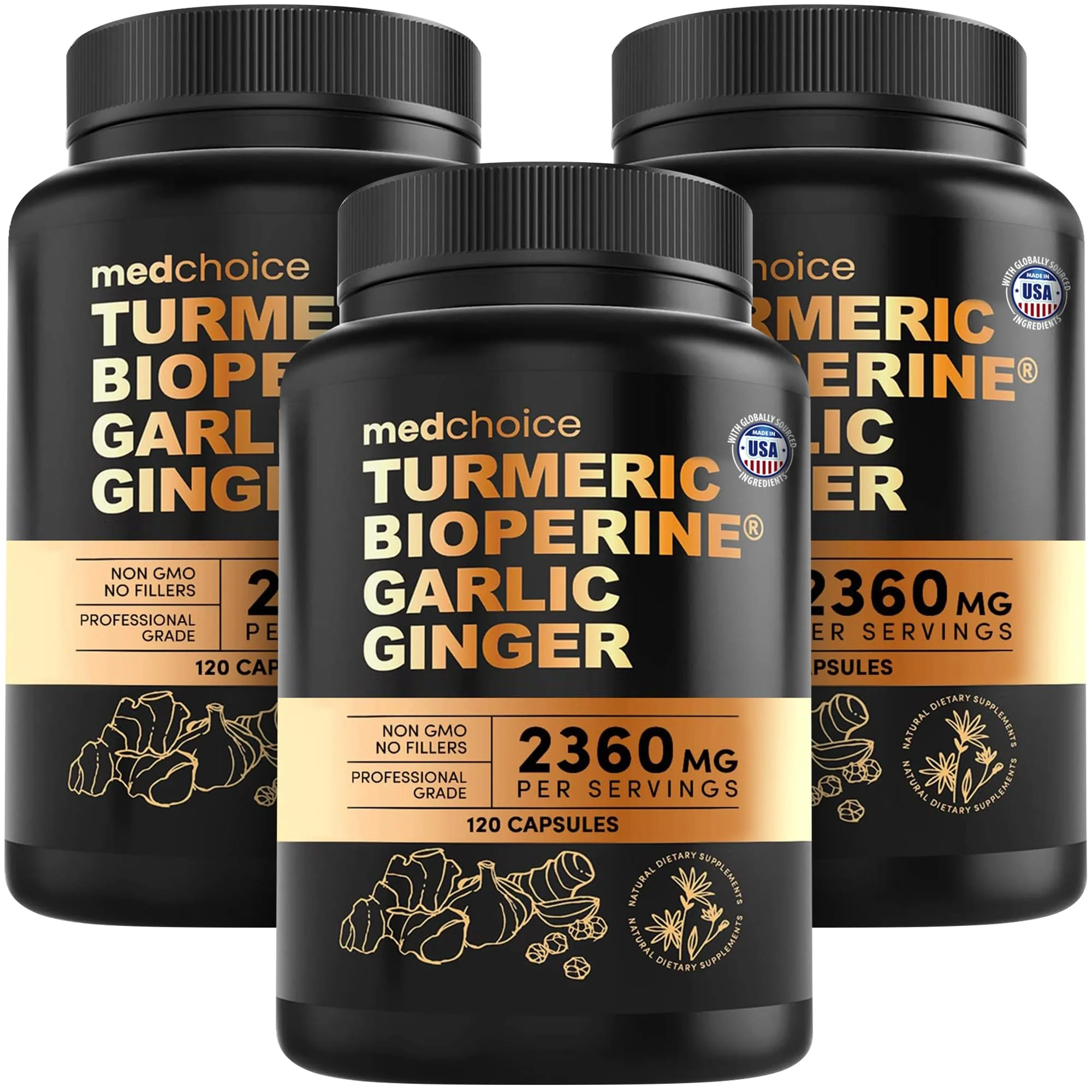 4-in-1 Turmeric Joint Support Supplements with Garlic and BioPerine - 2360 mg High Potency Herbal Blend for Mobility, Everyday Flexibility, Digestive Comfort, Active Aging Support (120ct, Pack of 3)