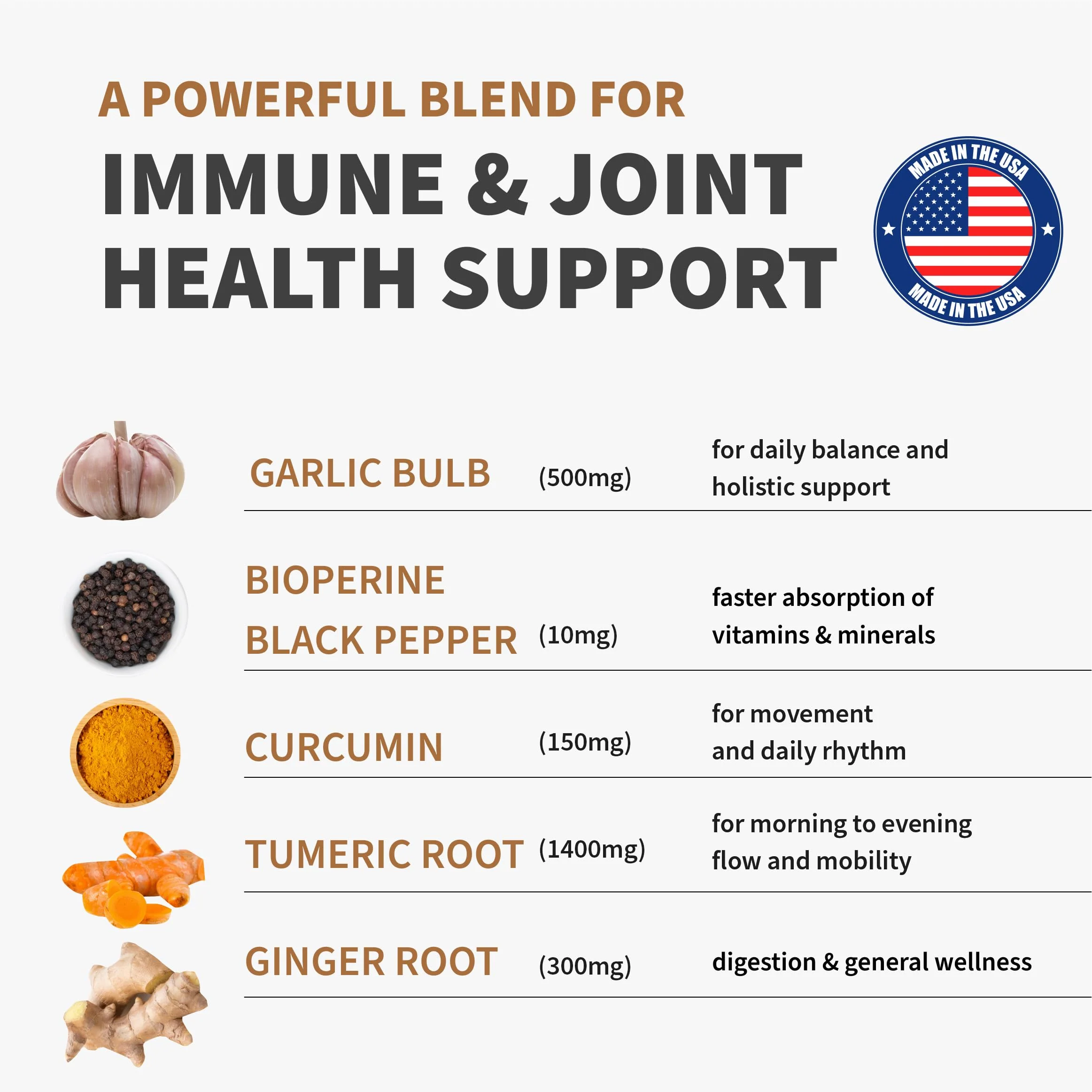 4-in-1 Turmeric Joint Support Supplements with Garlic and BioPerine - 2360 mg High Potency Herbal Blend for Mobility, Everyday Flexibility, Digestive Comfort, Active Aging Support (120ct, Pack of 3) - Image 7