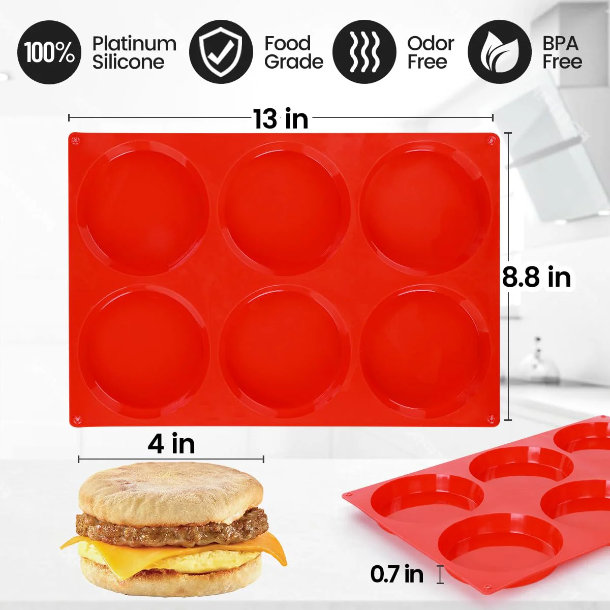 4 Inch Muffin Top Pan, Silicone Molds for Breakfast Sandwiches, English Muffins, Whoopie Pies, Corn Bread, Egg Bites, Tarts - 4 Pack Red - Image 7