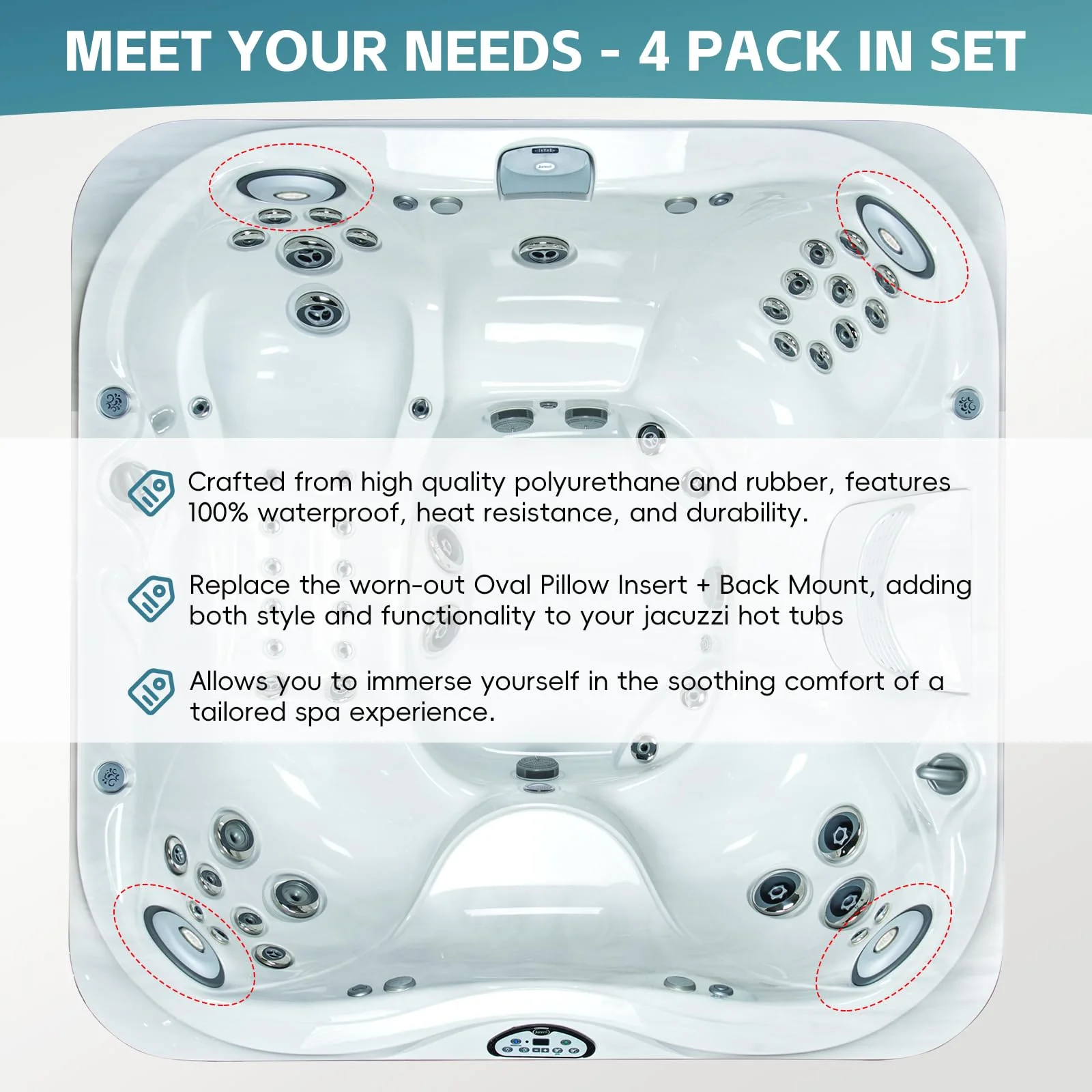 4 Pack 2472-824 Spa Oval Pillow Insert and Back Mount Fit for 2004–2018 Jacuzzi J-300 Series Hot Tubs & Spas, 2455-263 Hot Tub Headrest Replacement Spa Pillows - Enhanced Support - Image 2