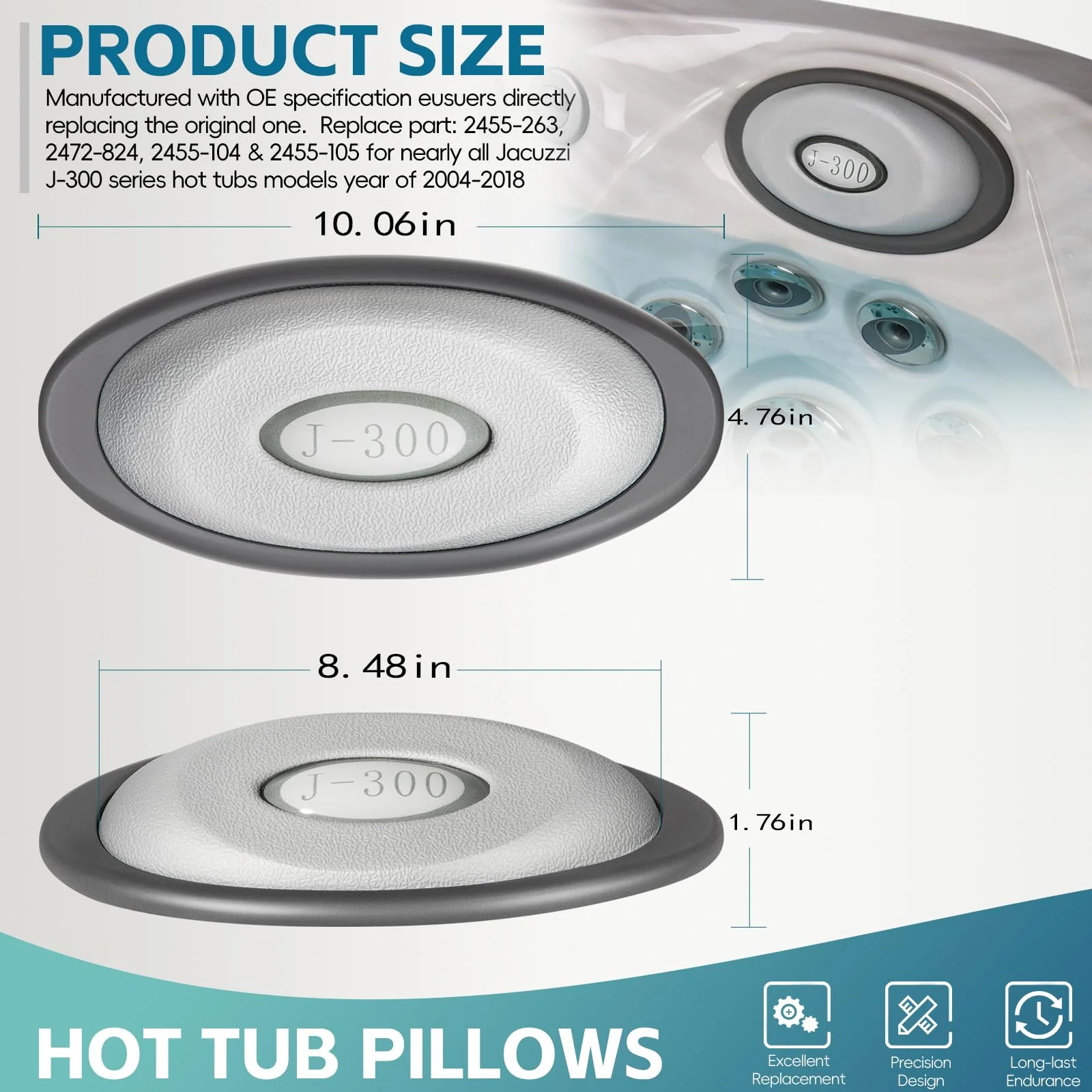 4 Pack 2472-824 Spa Oval Pillow Insert and Back Mount Fit for 2004–2018 Jacuzzi J-300 Series Hot Tubs & Spas, 2455-263 Hot Tub Headrest Replacement Spa Pillows - Enhanced Support - Image 3