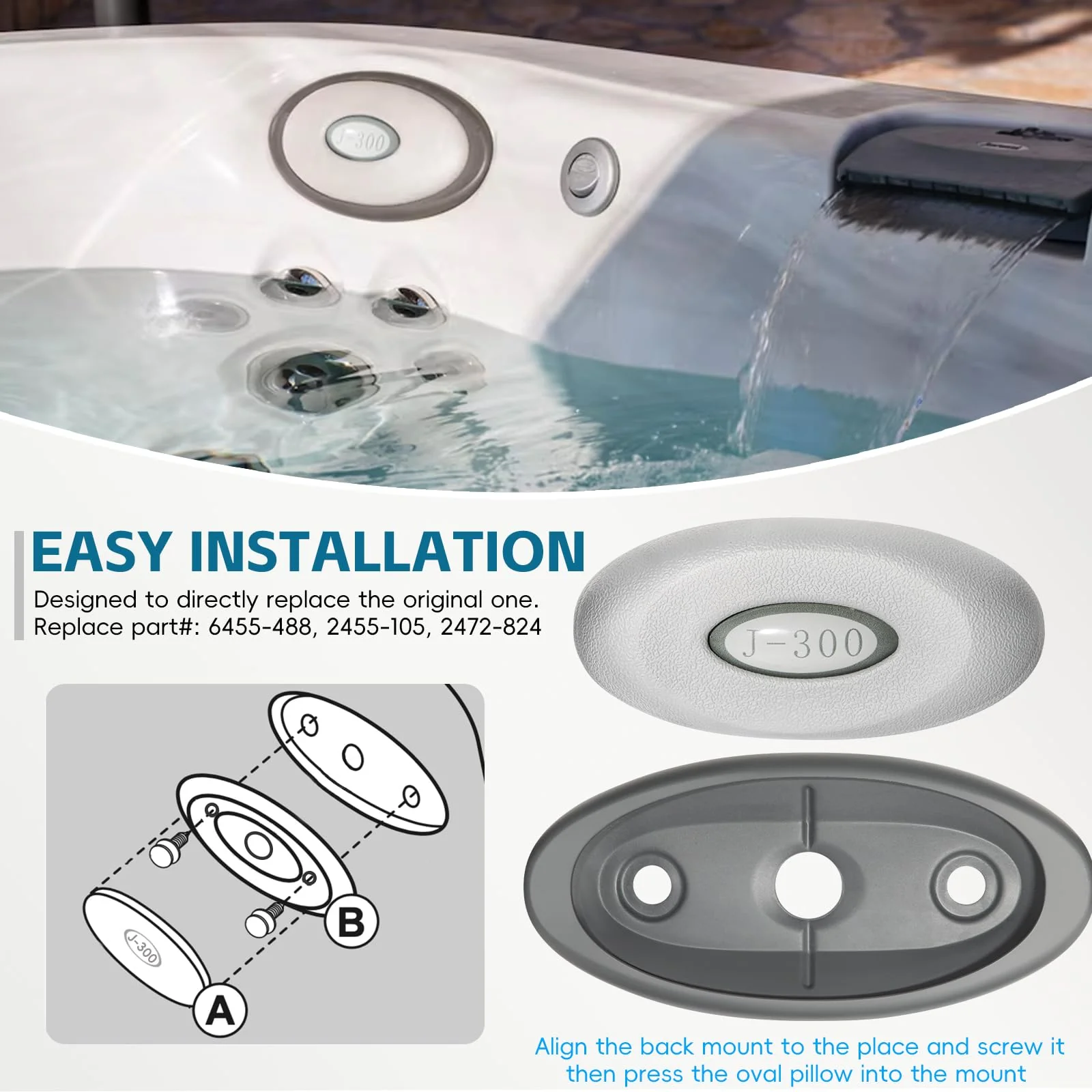 4 Pack 2472-824 Spa Oval Pillow Insert and Back Mount Fit for 2004–2018 Jacuzzi J-300 Series Hot Tubs & Spas, 2455-263 Hot Tub Headrest Replacement Spa Pillows - Enhanced Support - Image 6