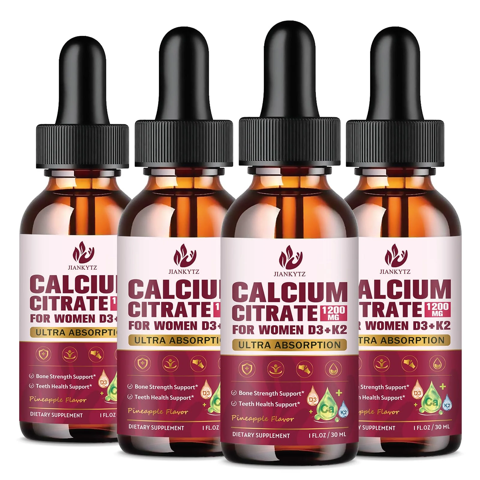 (4 Pack) Calcium Citrate with Vitamin D3 Liquid Drops for Women - Bones, Teeth, Immune Support, 1200mg Calcium Citrate Liquid Drops with Vitamin D3 K2, Vegan, Sugar-Free, 1 Fl Oz
