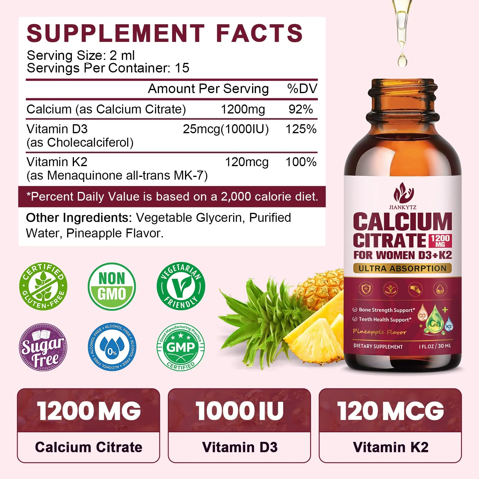 (4 Pack) Calcium Citrate with Vitamin D3 Liquid Drops for Women - Bones, Teeth, Immune Support, 1200mg Calcium Citrate Liquid Drops with Vitamin D3 K2, Vegan, Sugar-Free, 1 Fl Oz - Image 7