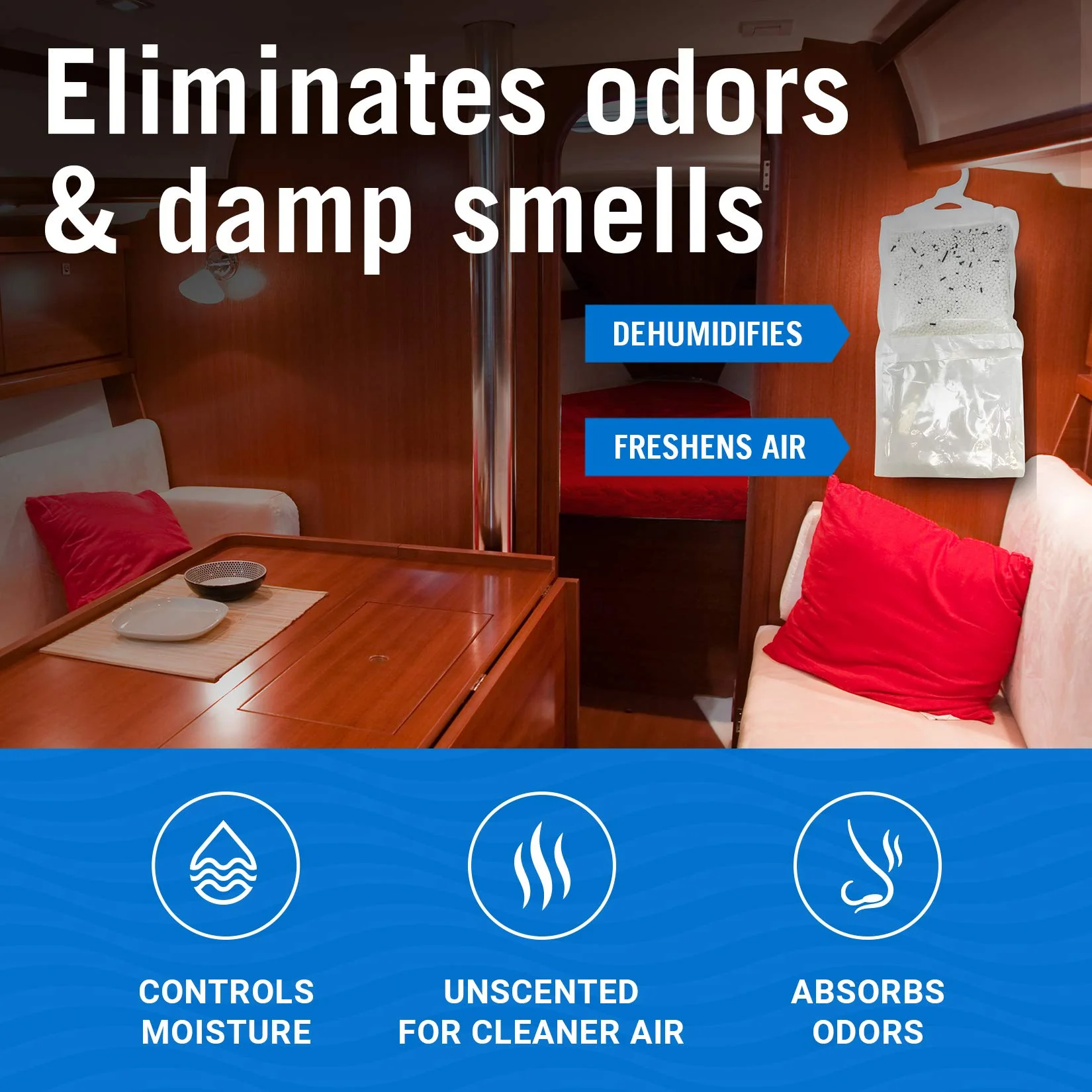 4 Pack Moisture Absorber Hanging Bags, Boat Dehumidifier with Charcoal, Unscented, Removes Dampness and Musty Odors, Ideal for Basement, Closet, Home, Car, RV, and Boating - Image 5