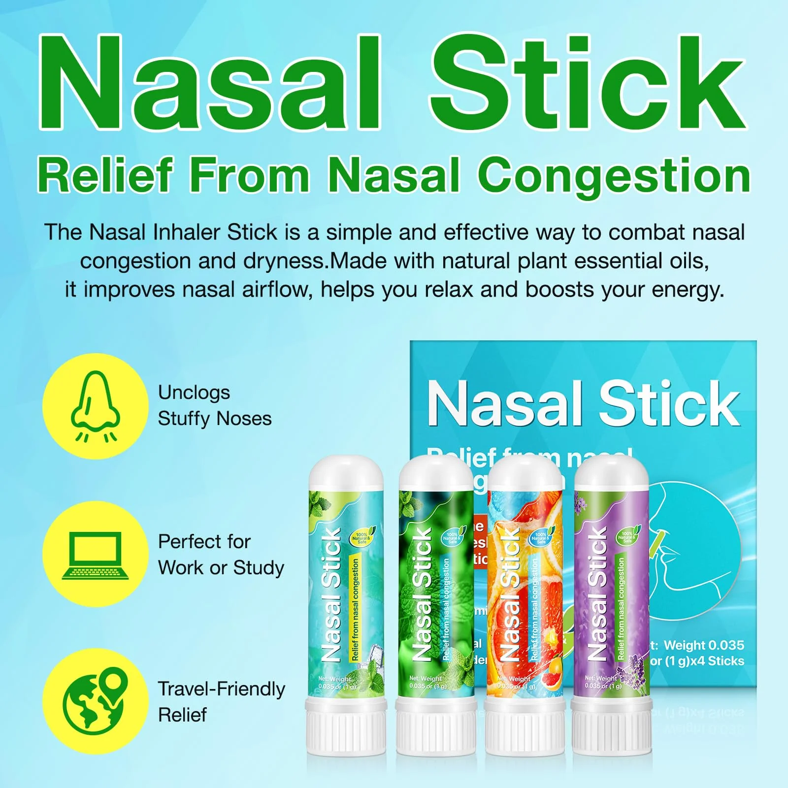 4 Pack Nasal Stick,Nasal Inhaler Stick,Nose Inhaler Boost Energy Set,Inhaler,Sinus & Congestion Relief, Daily Relaxation, Stress Relief, Pure Natural Ingredients - Image 6