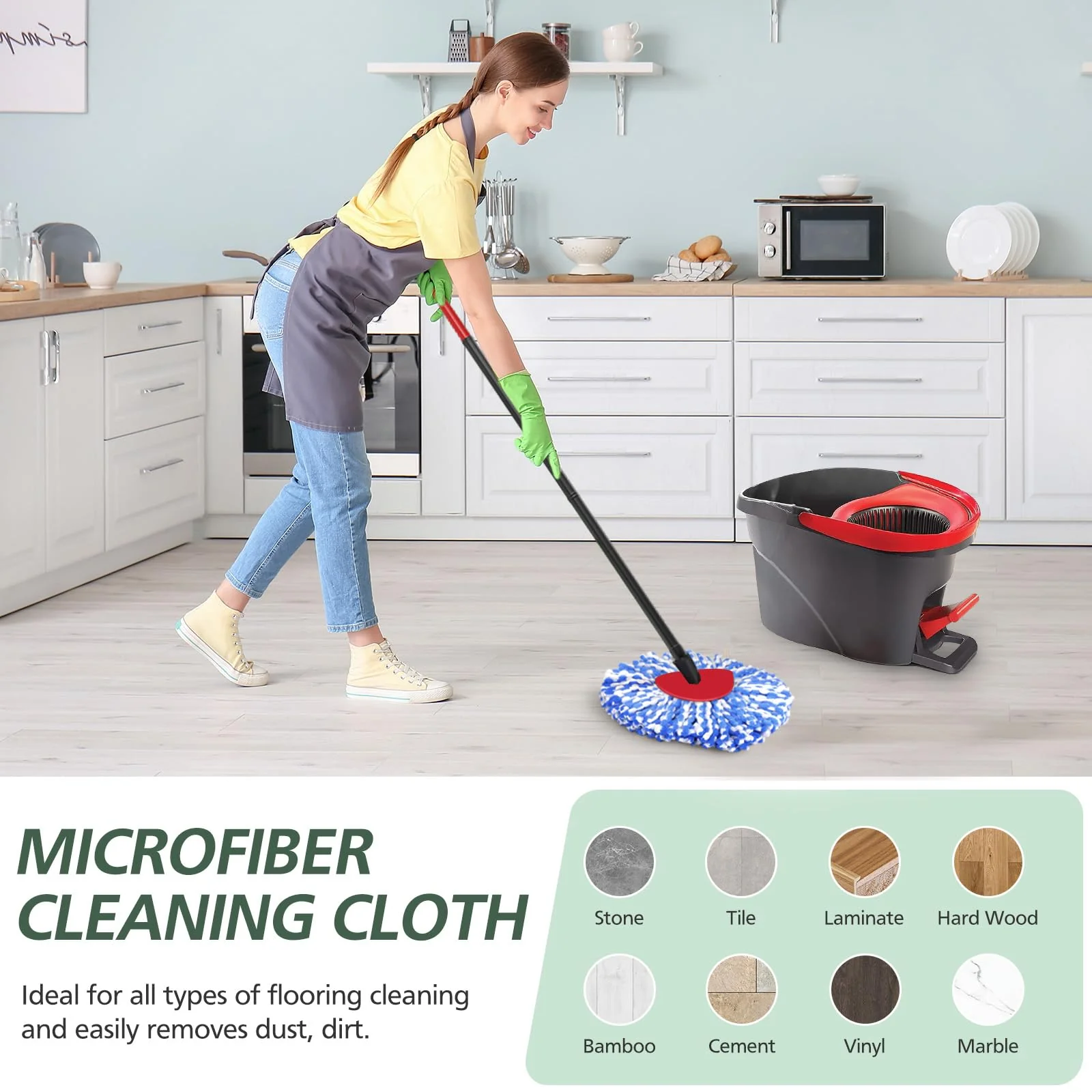 4 Pack Spin Mop Refill Replacement Head Compatible with EasyWring 1-Tank System Spinning Mop, with 1 Swivel Mop Base, 100% Microfiber Deep Cleaning Machine Washable - Blue - Image 2