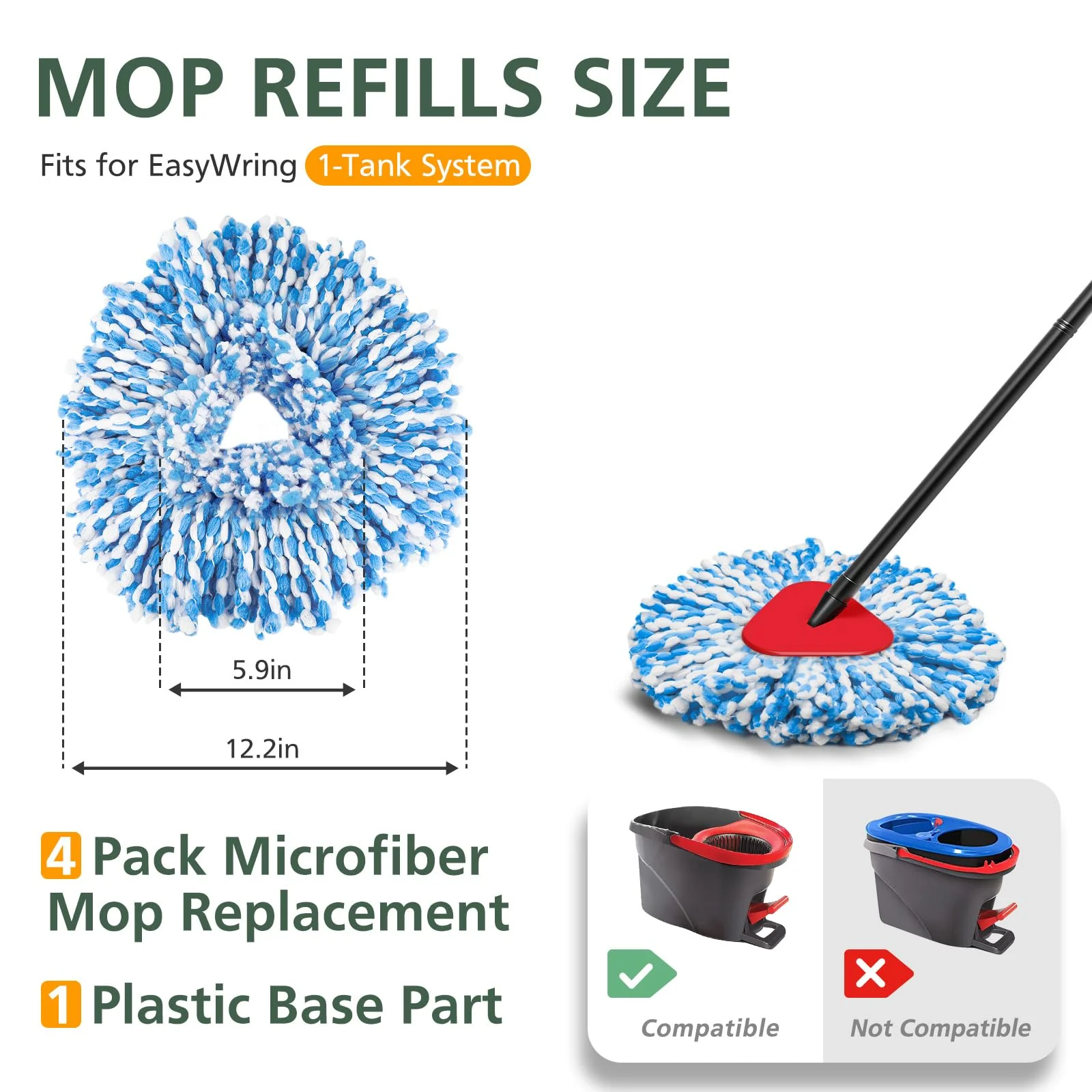 4 Pack Spin Mop Refill Replacement Head Compatible with EasyWring 1-Tank System Spinning Mop, with 1 Swivel Mop Base, 100% Microfiber Deep Cleaning Machine Washable - Blue - Image 4