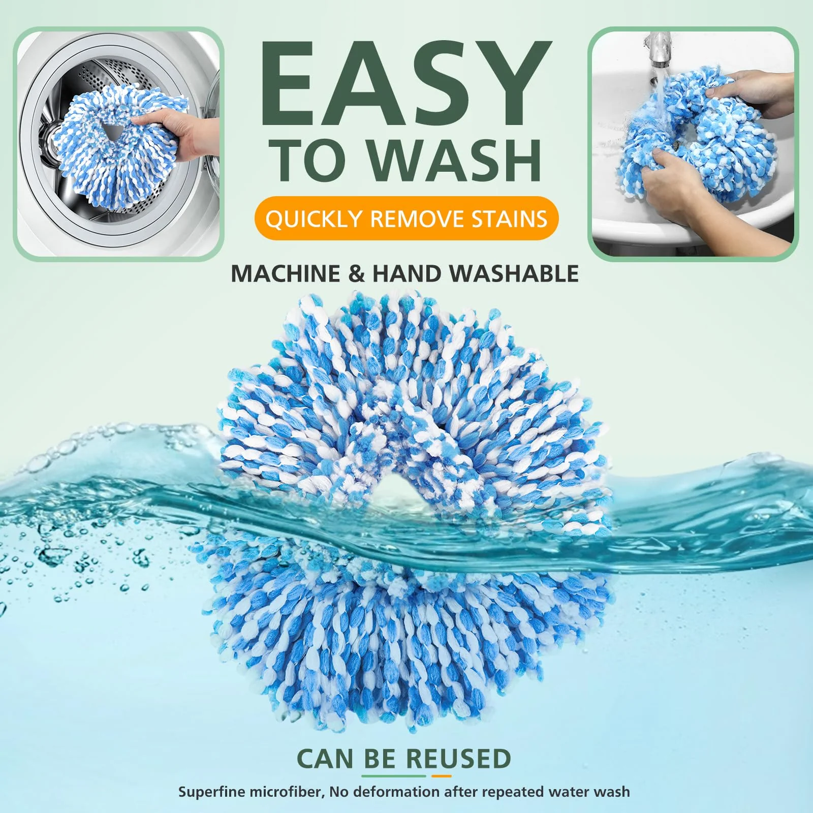 4 Pack Spin Mop Refill Replacement Head Compatible with EasyWring 1-Tank System Spinning Mop, with 1 Swivel Mop Base, 100% Microfiber Deep Cleaning Machine Washable - Blue - Image 5