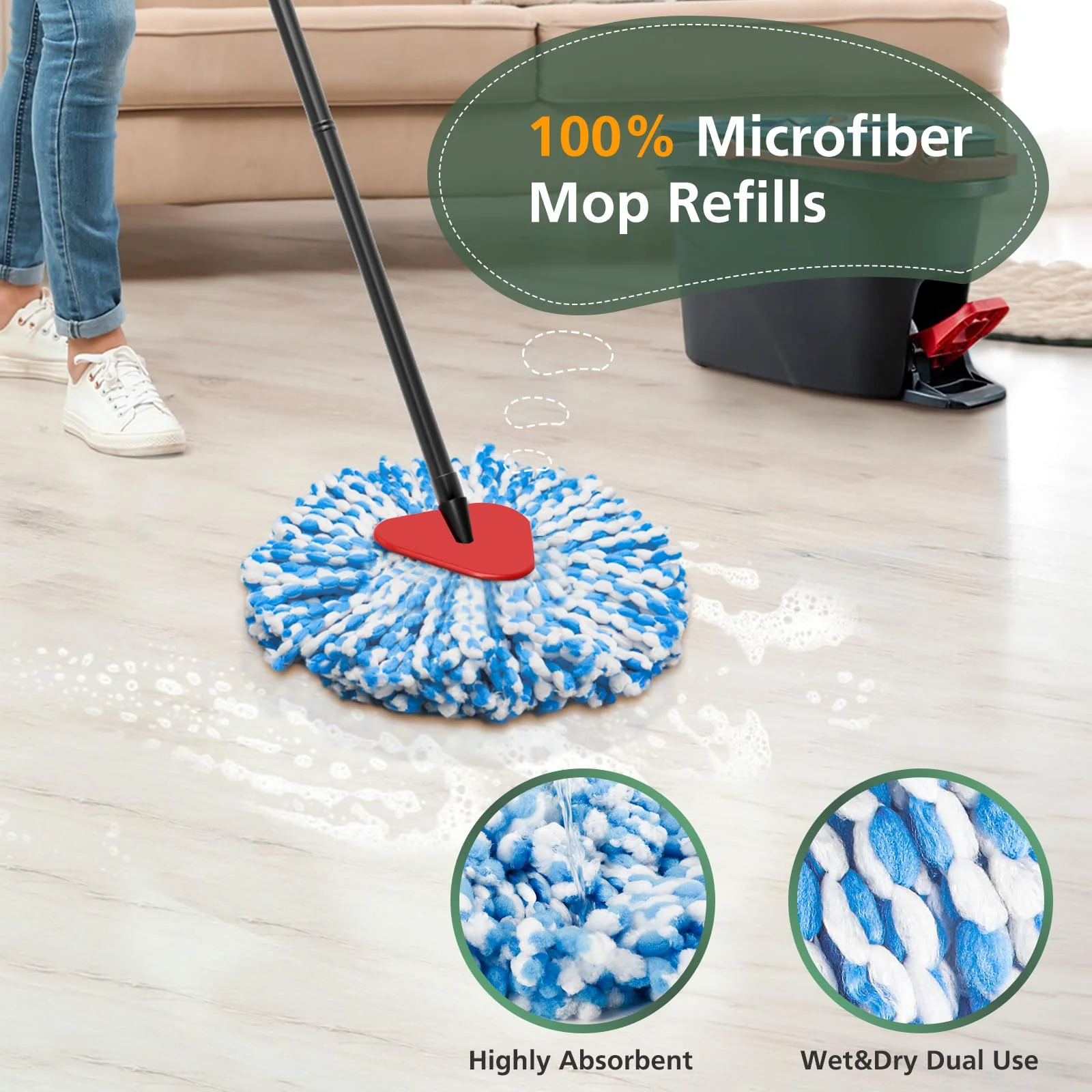 4 Pack Spin Mop Refill Replacement Head Compatible with EasyWring 1-Tank System Spinning Mop, with 1 Swivel Mop Base, 100% Microfiber Deep Cleaning Machine Washable - Blue - Image 6