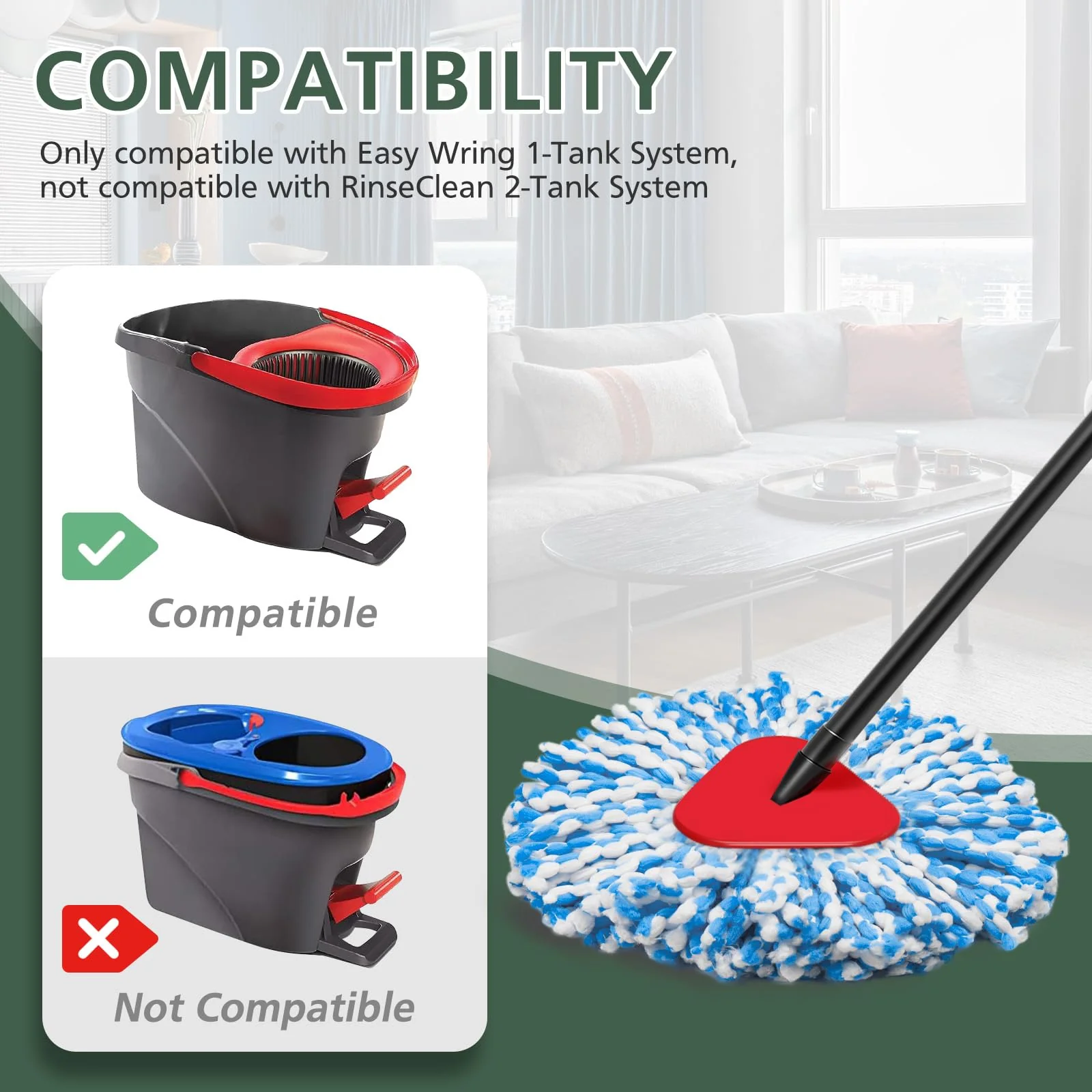 4 Pack Spin Mop Refill Replacement Head Compatible with EasyWring 1-Tank System Spinning Mop, with 1 Swivel Mop Base, 100% Microfiber Deep Cleaning Machine Washable - Blue - Image 7