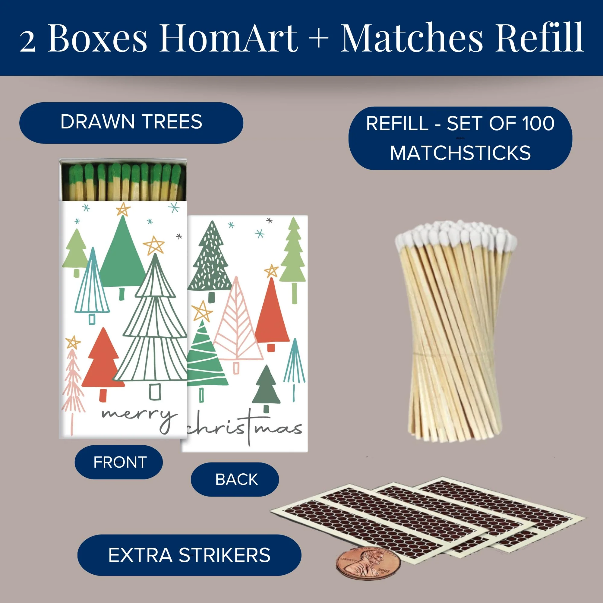 4" White Matches + 2 Boxes of HomArt Drawn Trees Designer Matchboxes + Extra Striker Stickers Included | 100 Classic White Tip Safety Matches with Decorative Matchboxes | Gifts by Thankful Greetings - Image 8