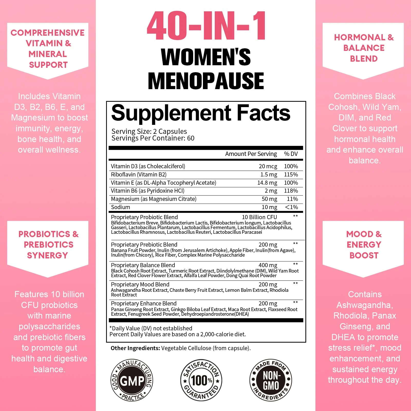 40-in-1 Menopause Supplements for Women, Multibenefit & Complete Black Cohosh for Hot Flashes, Night Sweats & Hormone Balance, w/ Probiotics, DIM, Vitex, Dong Quai, Red Clover and More, 120 Vegan Caps - Image 5
