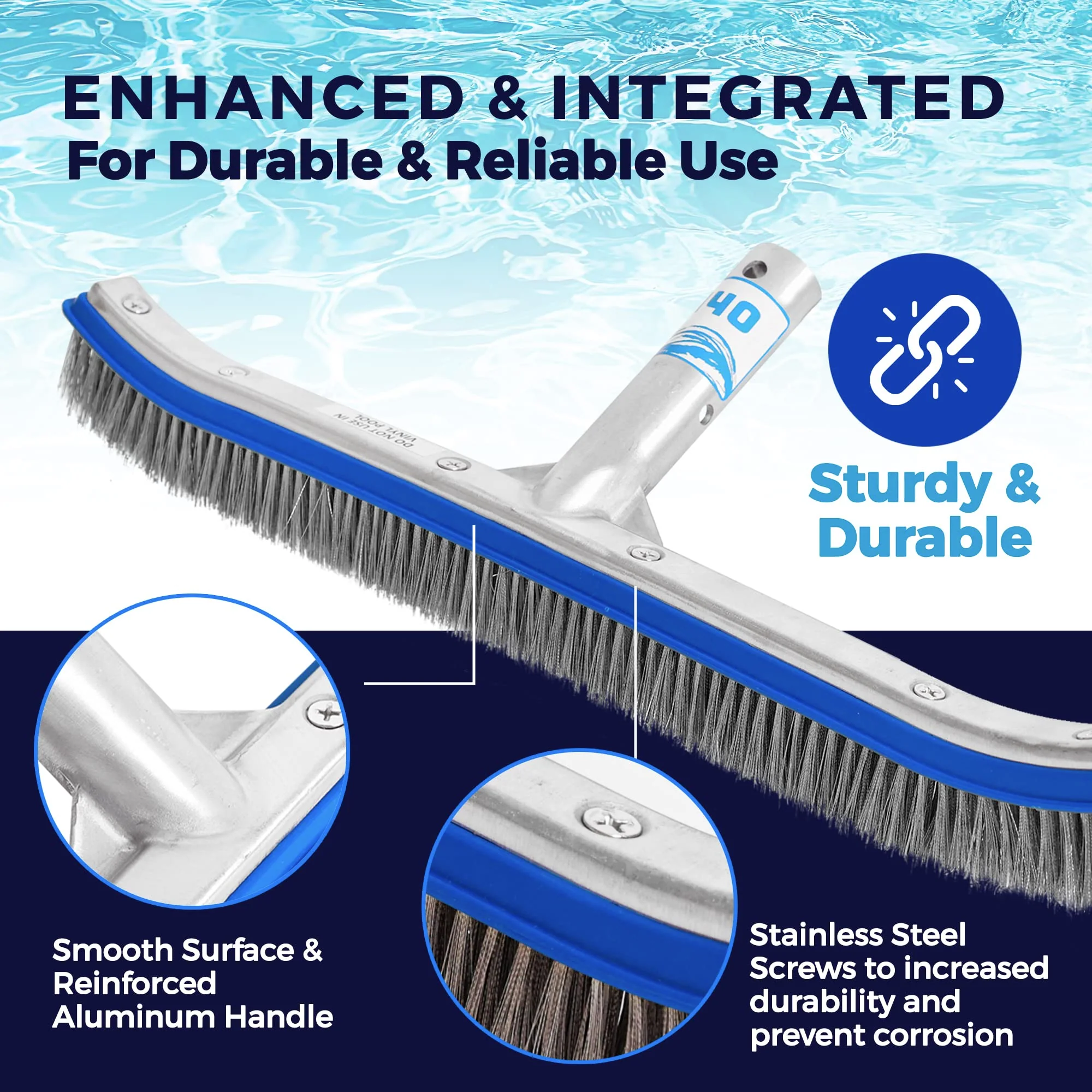 440 Heavy Duty Pool Brush - 18-inch Extra-Wide Metal Brush Head with Stainless Steel Wire Bristles & Curved Edges for Cleaning Pool Tiles, Walls, Floor, Steps (Stainless Steel) - Image 3