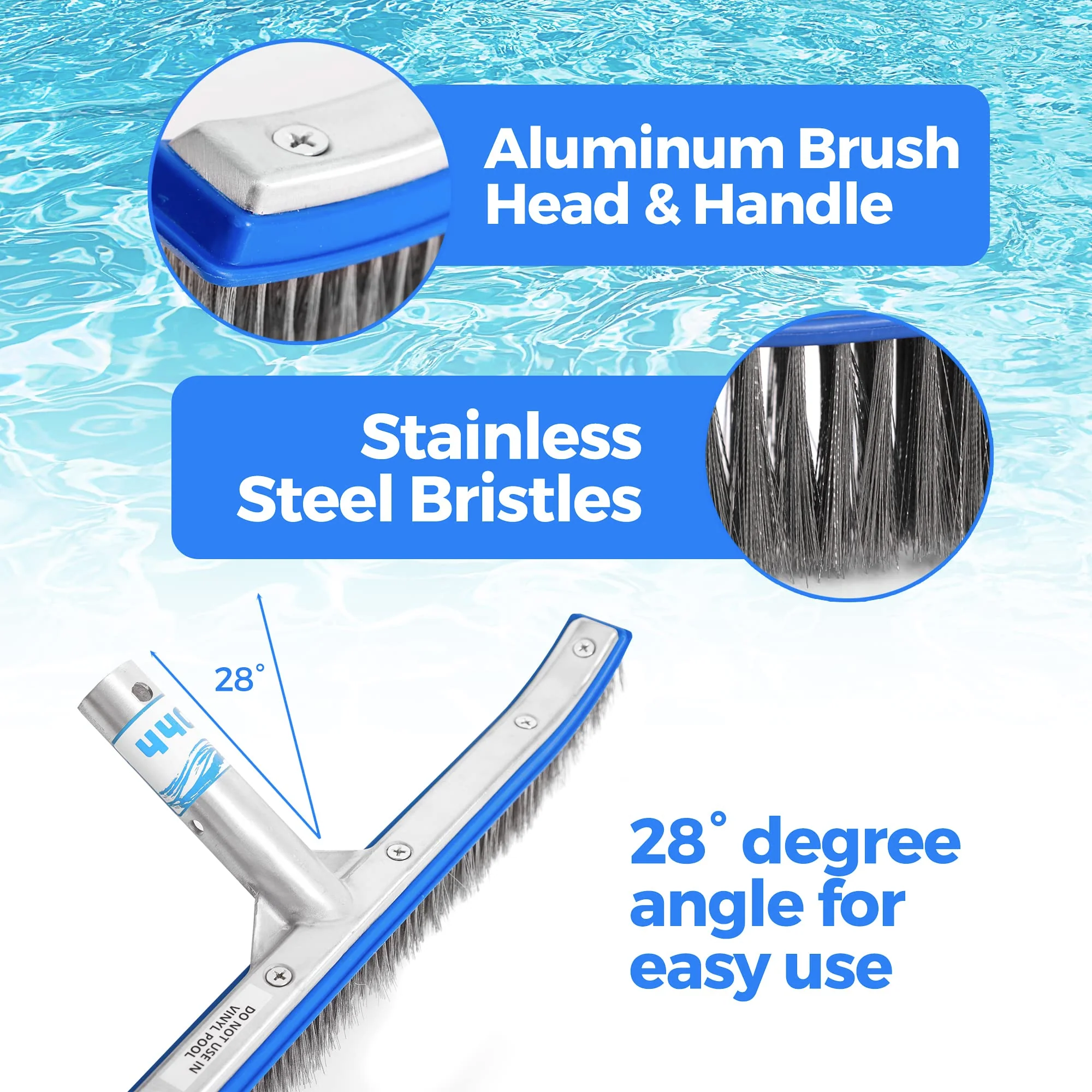 440 Heavy Duty Pool Brush - 18-inch Extra-Wide Metal Brush Head with Stainless Steel Wire Bristles & Curved Edges for Cleaning Pool Tiles, Walls, Floor, Steps (Stainless Steel) - Image 6