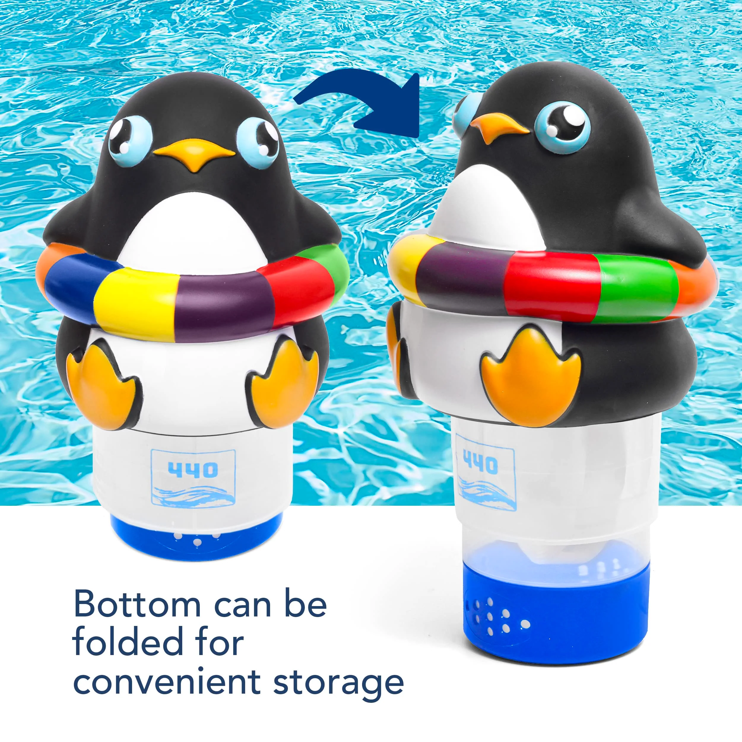 440 Pool Chlorine Floater Dispenser, Fits Up to 3 Pieces of 3-Inch Chlorine Tabs, Adjustable Flow, Control, Heavy-Duty Plastic - Suitable for Small & Large Pools - 8 Ounces | Cartoon Penguin - Image 2