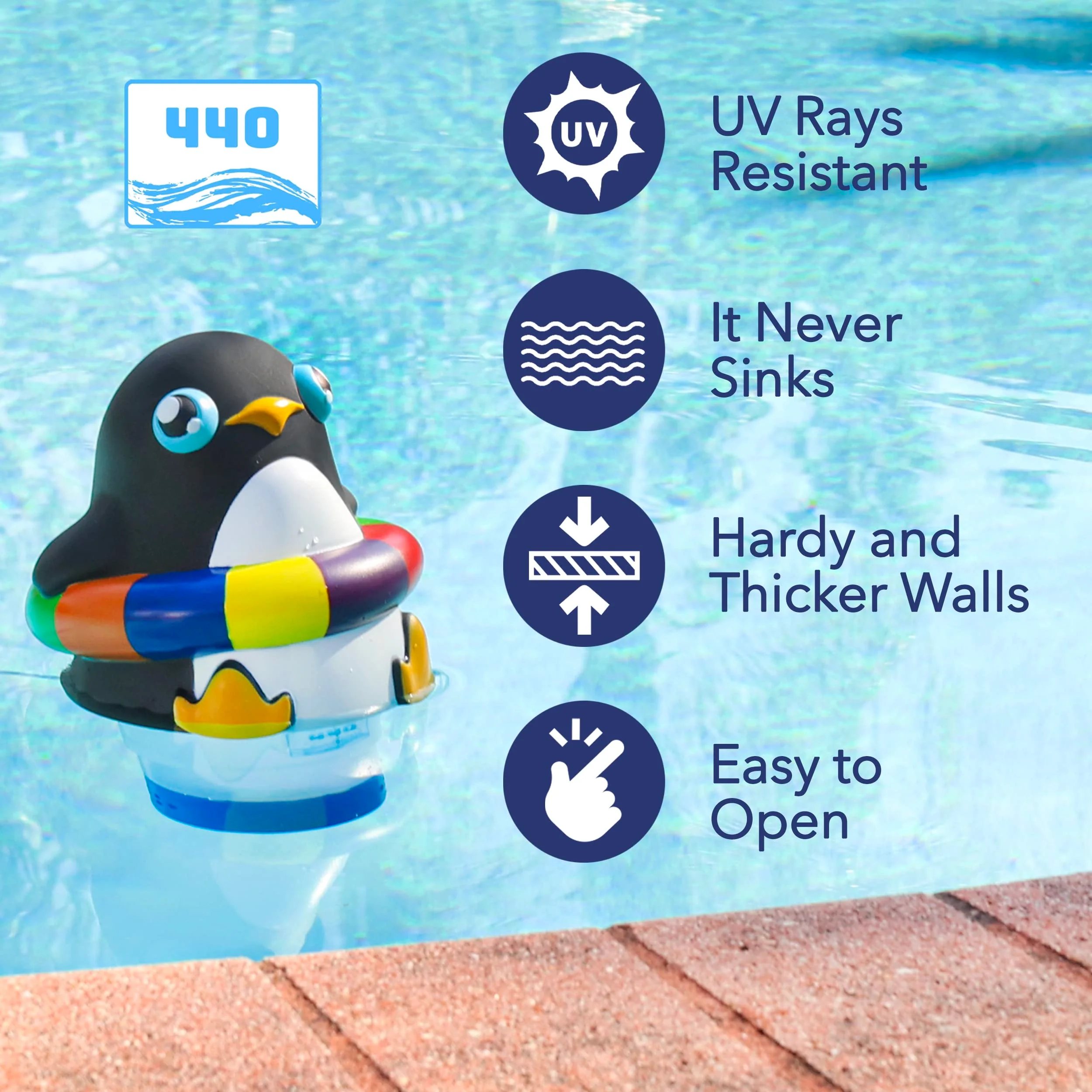 440 Pool Chlorine Floater Dispenser, Fits Up to 3 Pieces of 3-Inch Chlorine Tabs, Adjustable Flow, Control, Heavy-Duty Plastic - Suitable for Small & Large Pools - 8 Ounces | Cartoon Penguin - Image 4