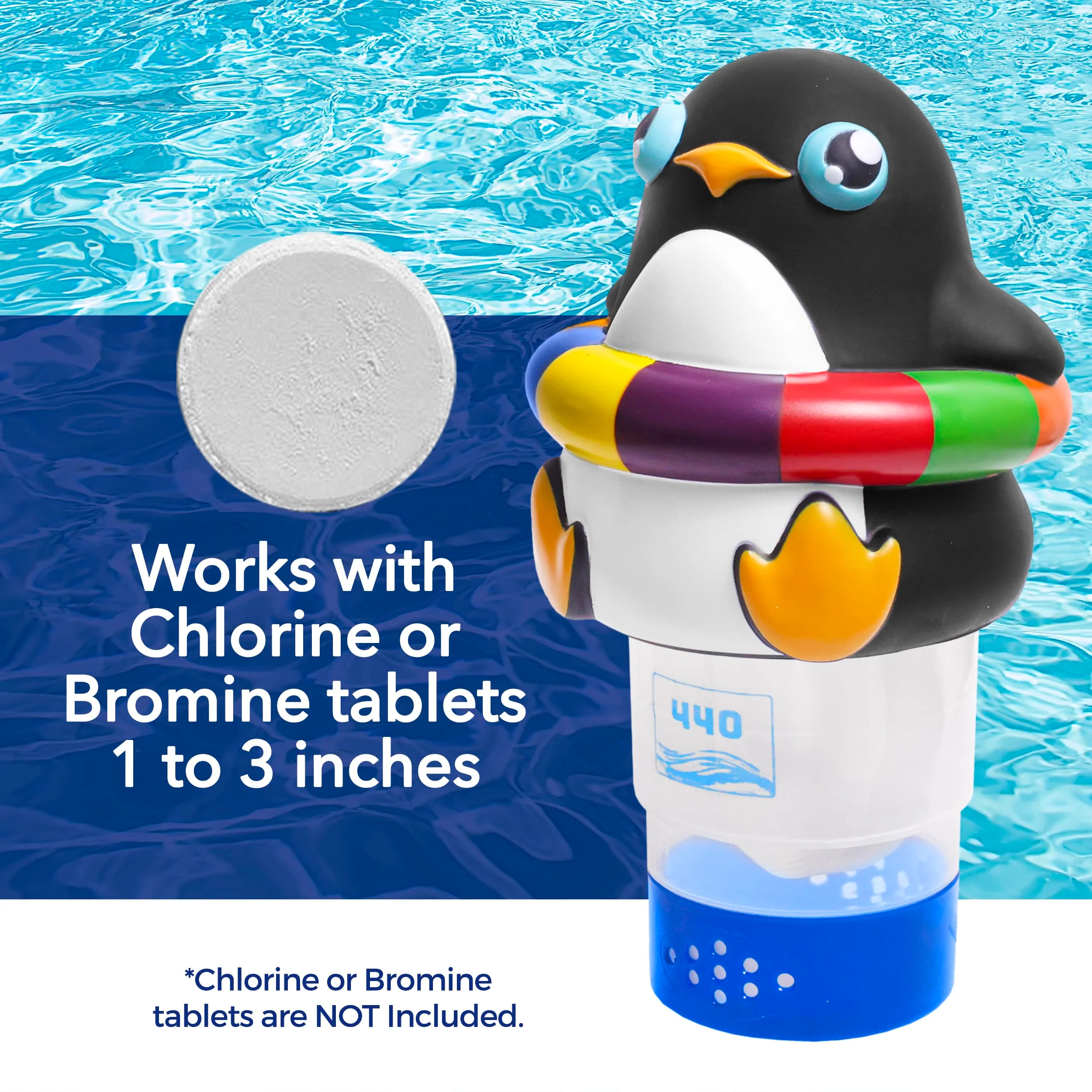 440 Pool Chlorine Floater Dispenser, Fits Up to 3 Pieces of 3-Inch Chlorine Tabs, Adjustable Flow, Control, Heavy-Duty Plastic - Suitable for Small & Large Pools - 8 Ounces | Cartoon Penguin - Image 5