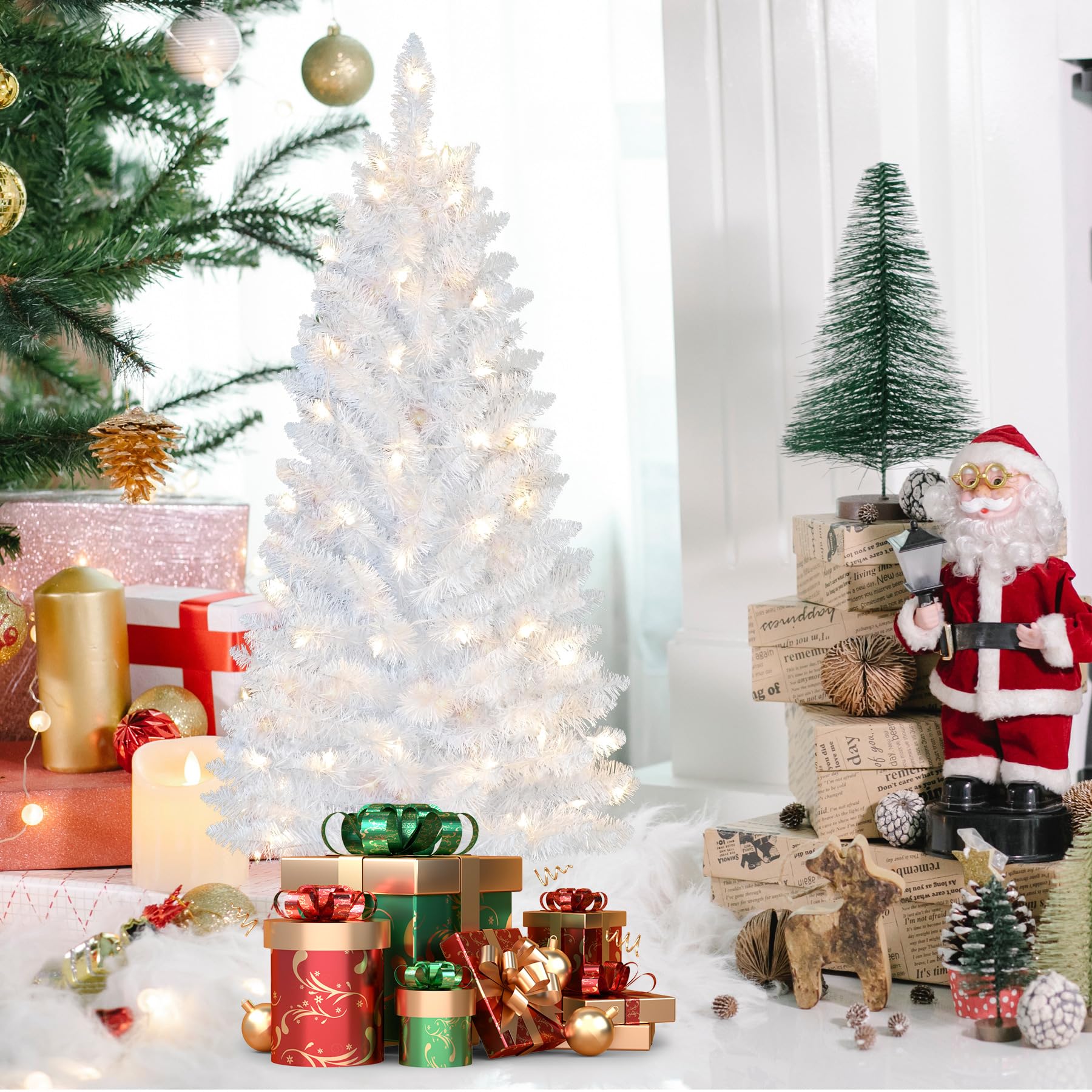 4ft Lighted Artificial White Christmas Tree | Leeheeyee Small Christmas Tree, Not Pre-lit White Tinsel Pine Trees with Lights, Ideal for Home, Office, and Xmas Tree Party Décor - Image 6