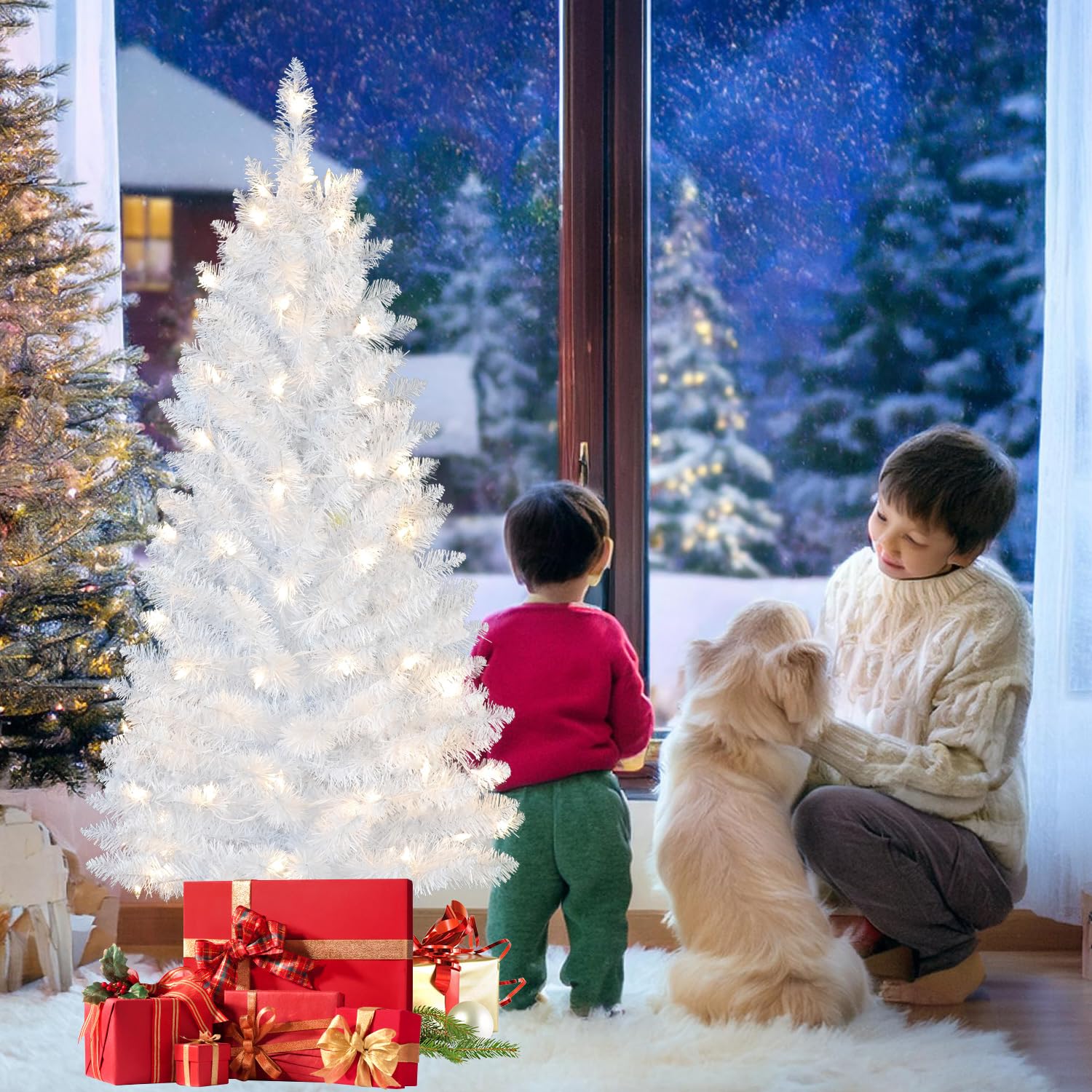 4ft Lighted Artificial White Christmas Tree | Leeheeyee Small Christmas Tree, Not Pre-lit White Tinsel Pine Trees with Lights, Ideal for Home, Office, and Xmas Tree Party Décor - Image 7