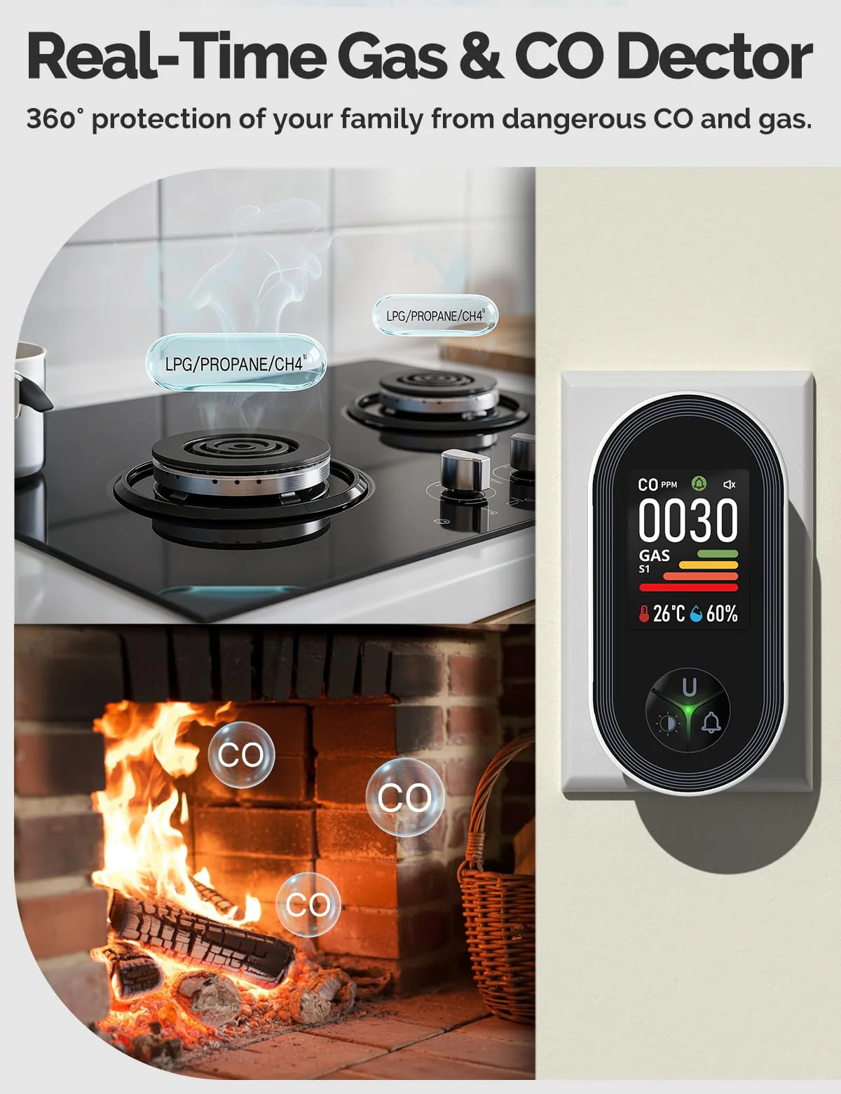 4IN1 Gas & Carbon Monoxide Detector Combination Plug in, CO Gas Monitor with Real-Time Temperature & Humidity Display, Alarm for Natural Gas, Propane-2Pack - Image 2