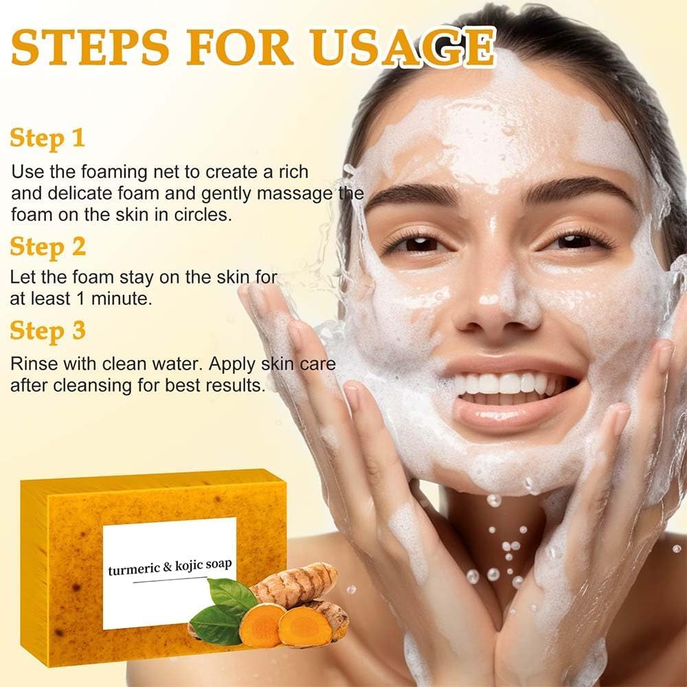 4Pcs Turmeric Wash and Care Three Piece Set,Tuemeric Facial Cleanser & Turmeric Soap Bar & Turmeric Face Scrub Pads,Face & Body Cleanser,Turmeric Cleansing Skincare Set, Deep Cleansing - Image 3