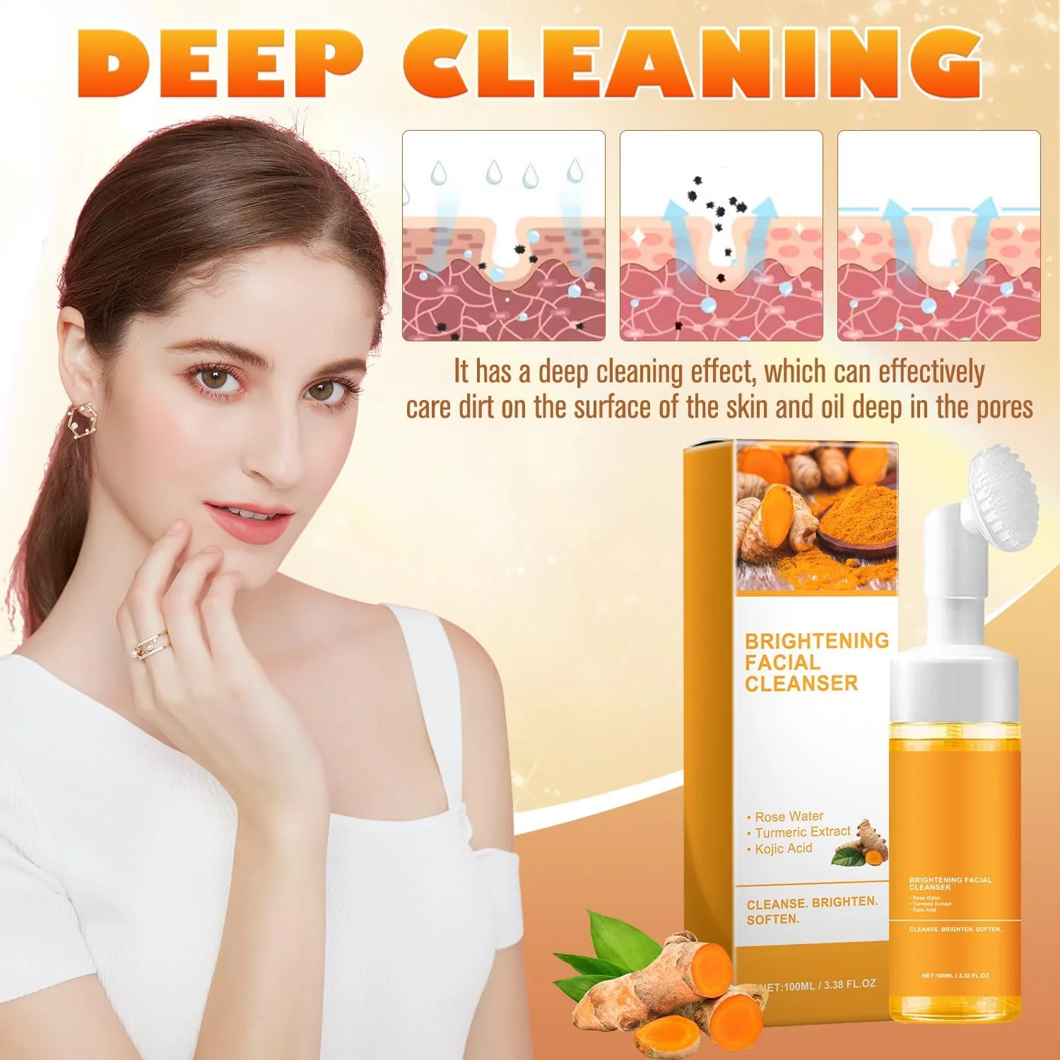 4Pcs Turmeric Wash and Care Three Piece Set,Tuemeric Facial Cleanser & Turmeric Soap Bar & Turmeric Face Scrub Pads,Face & Body Cleanser,Turmeric Cleansing Skincare Set, Deep Cleansing - Image 6