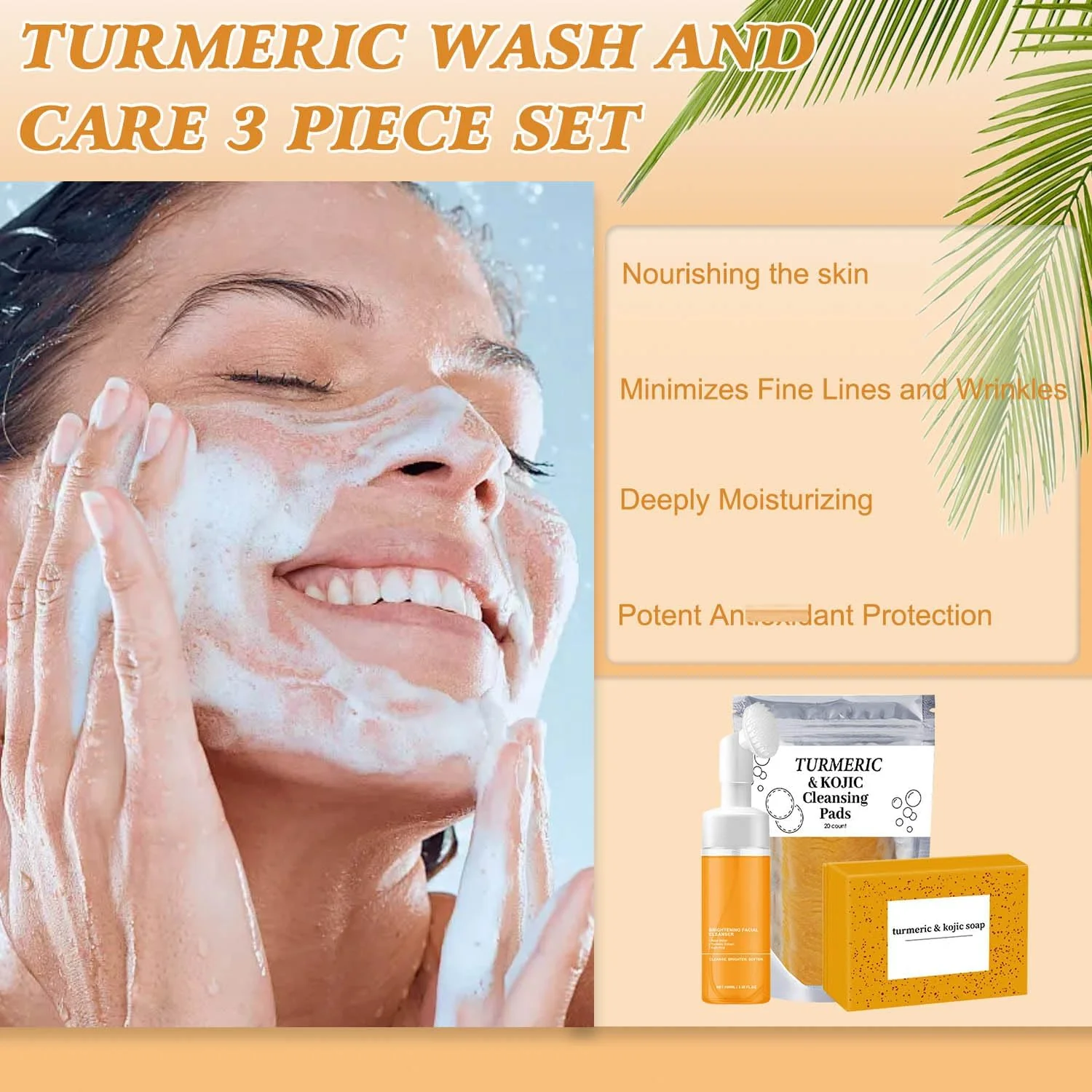4Pcs Turmeric Wash and Care Three Piece Set,Tuemeric Facial Cleanser & Turmeric Soap Bar & Turmeric Face Scrub Pads,Face & Body Cleanser,Turmeric Cleansing Skincare Set, Deep Cleansing - Image 9